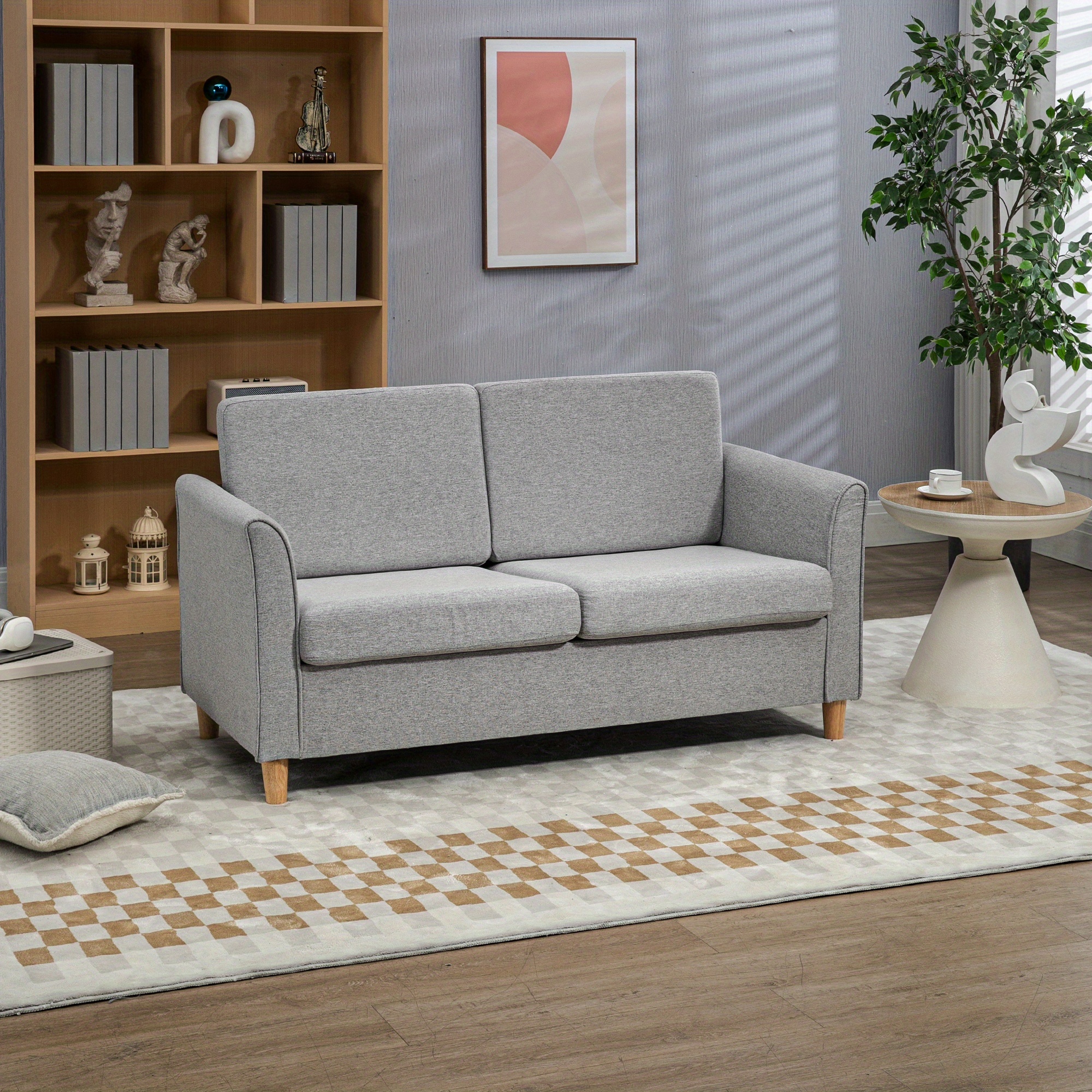 2 seater sofa compact loveseat couch living room furniture with wood legs armrest light grey