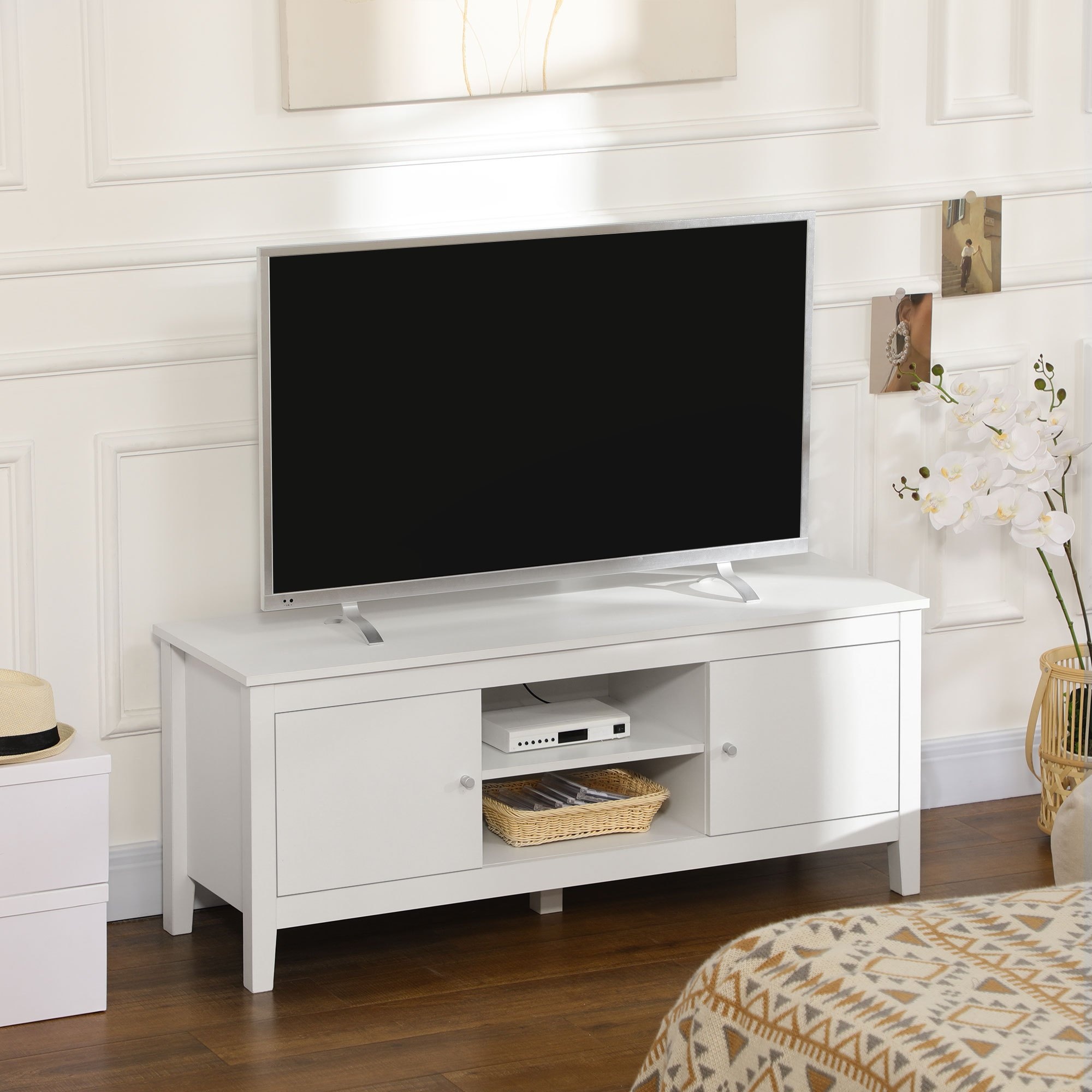 TEMU Meuble TV HOMCOM pour téléviseurs jusqu'à 55 pouces, banc TV avec étagères de rangement et 2 portes pour salon, chambre à coucher, blanc