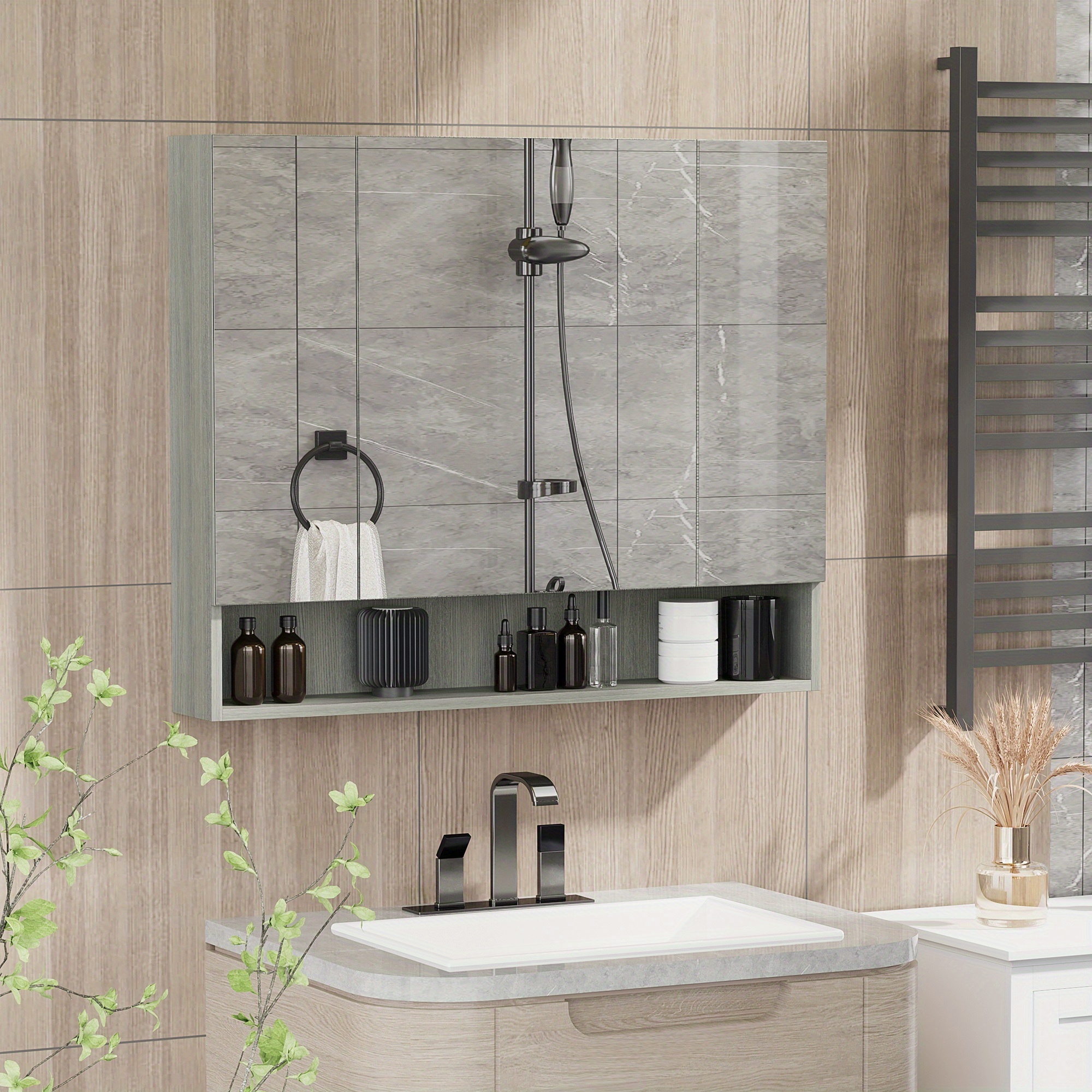 TEMU de Salle de Bain en Bois Gris Moderne - sur Mur, Étagères Réglables, Rangement à 3 Portes avec Crochets pour Serviettes & Porte-Brosse à Dents,