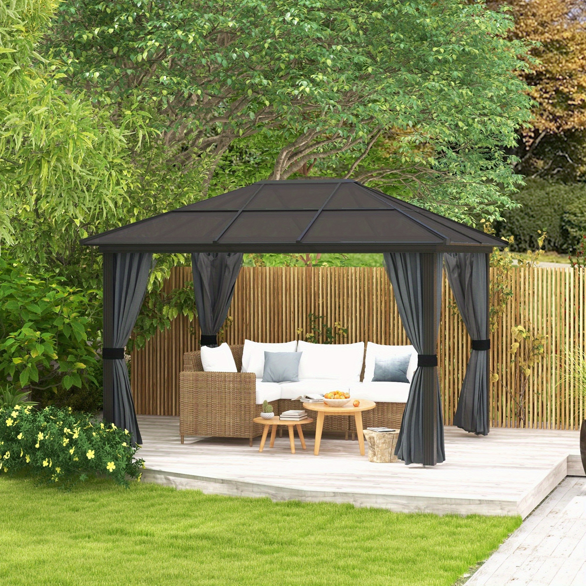   3 x 3 6m   gazebo canopy with polycarbonate roof aluminium frame permanent   garden gazebo with netting and curtains for patio deck dark grey details 1