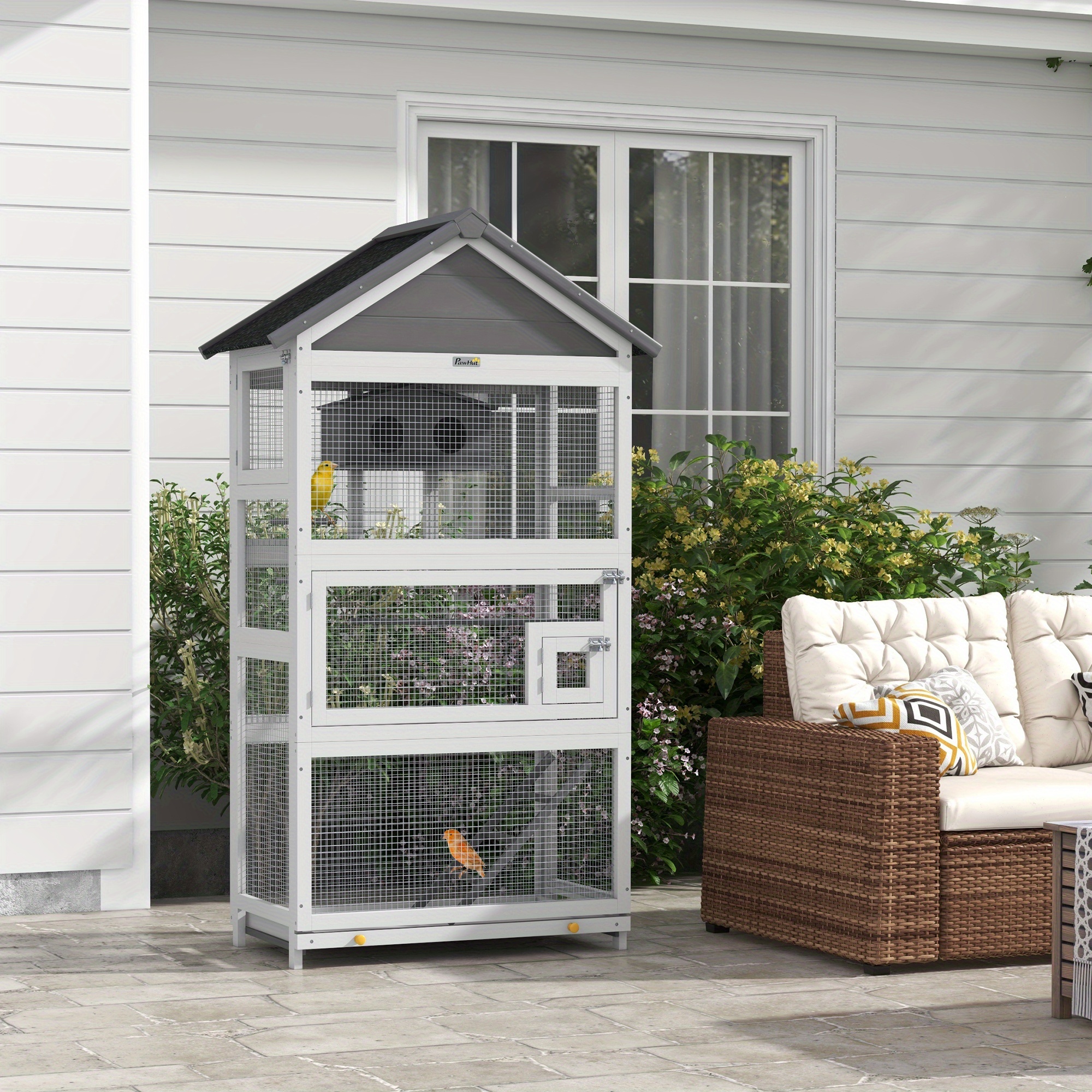 TEMU Pawhut Wooden Bird Aviary, 67" Outdoor Bird Cage With Slide-out Tray, , Birdhouse, Ladder, Perches For , Parakeets, Gray