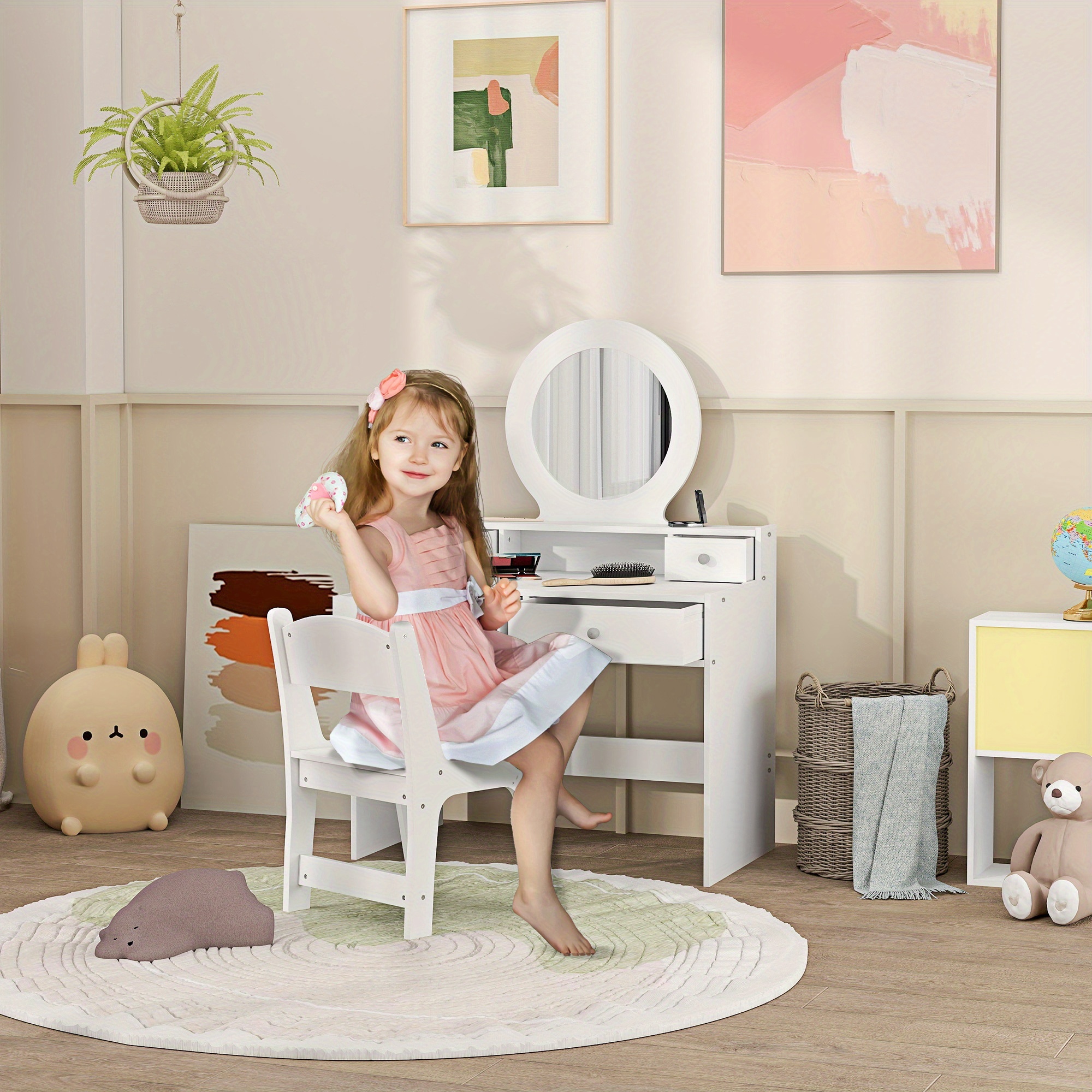 TEMU Qaba Ensemble de Coiffeuse pour Enfants, Table de Cosmétique pour Enfants avec , Bureau de Cosmétique pour Enfants avec Tabouret et Tiroirs de