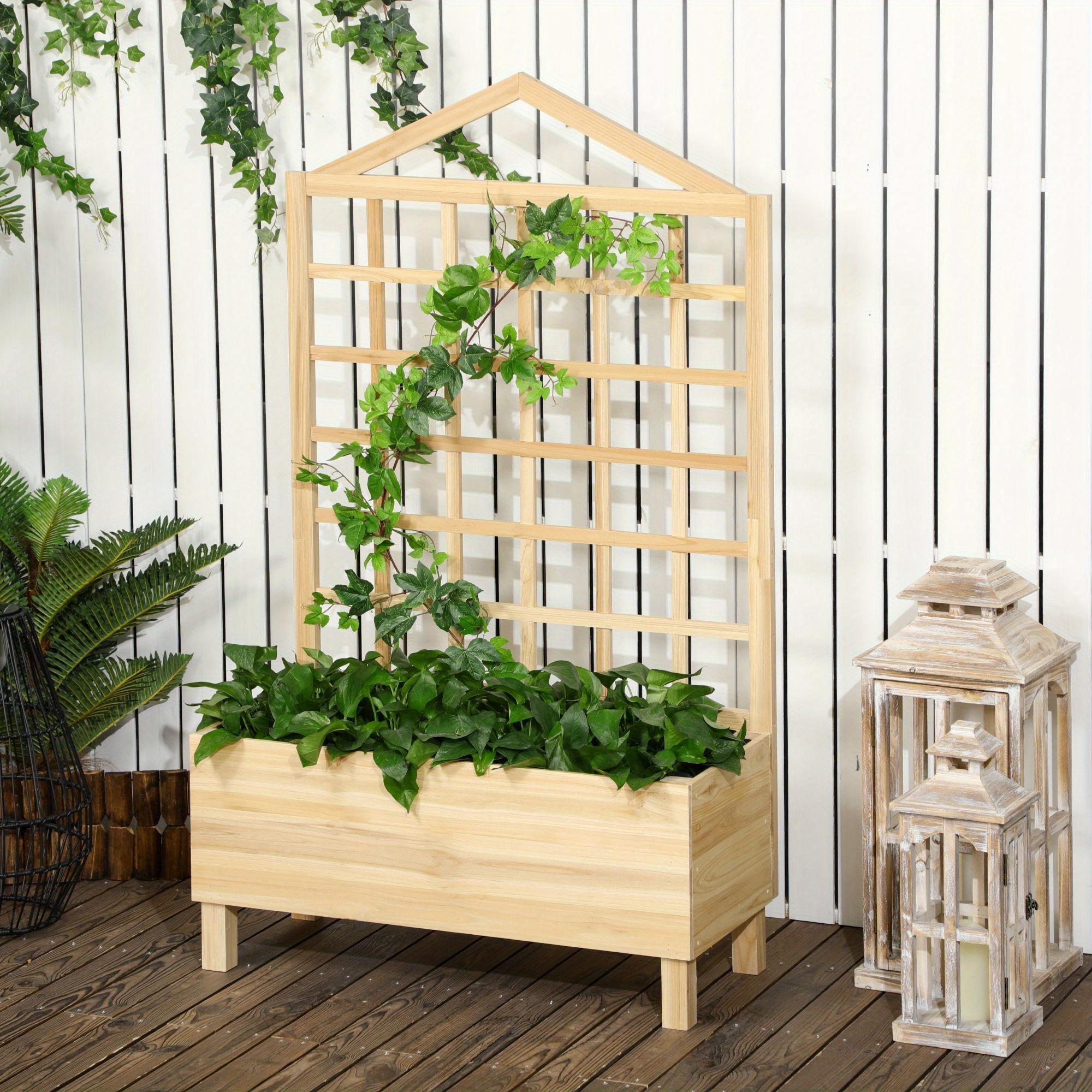 TEMU Jardinière surélevée Outsunny avec treillis pour plantes grimpantes, jardinière en bois de 59 pouces pour plantes d'extérieur, légumes, fleurs,
