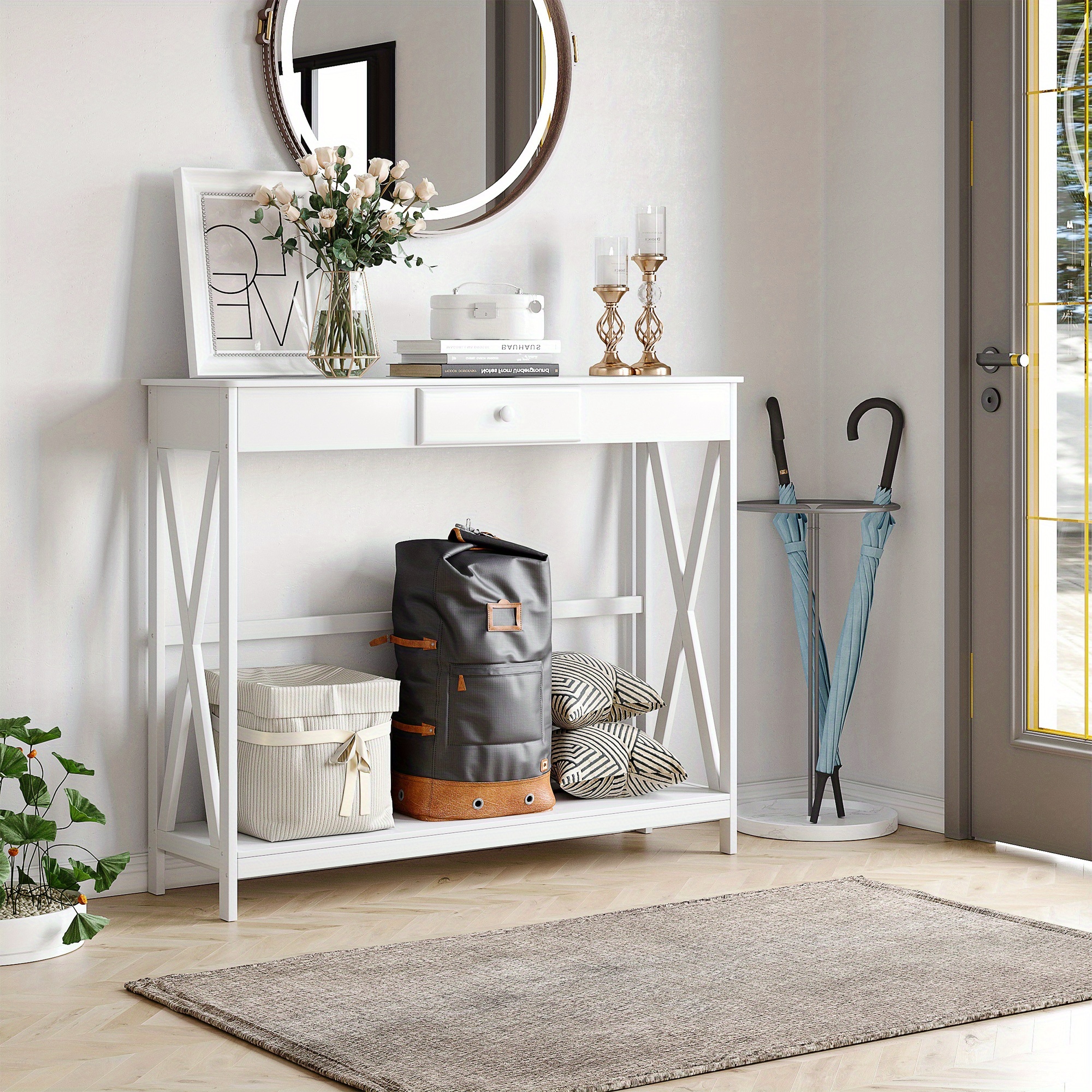 TEMU Table console 2 niveaux HOMCOM avec design en X, table d'appoint de canapé avec tiroir et étagère de rangement pour salon, entrée, blanc