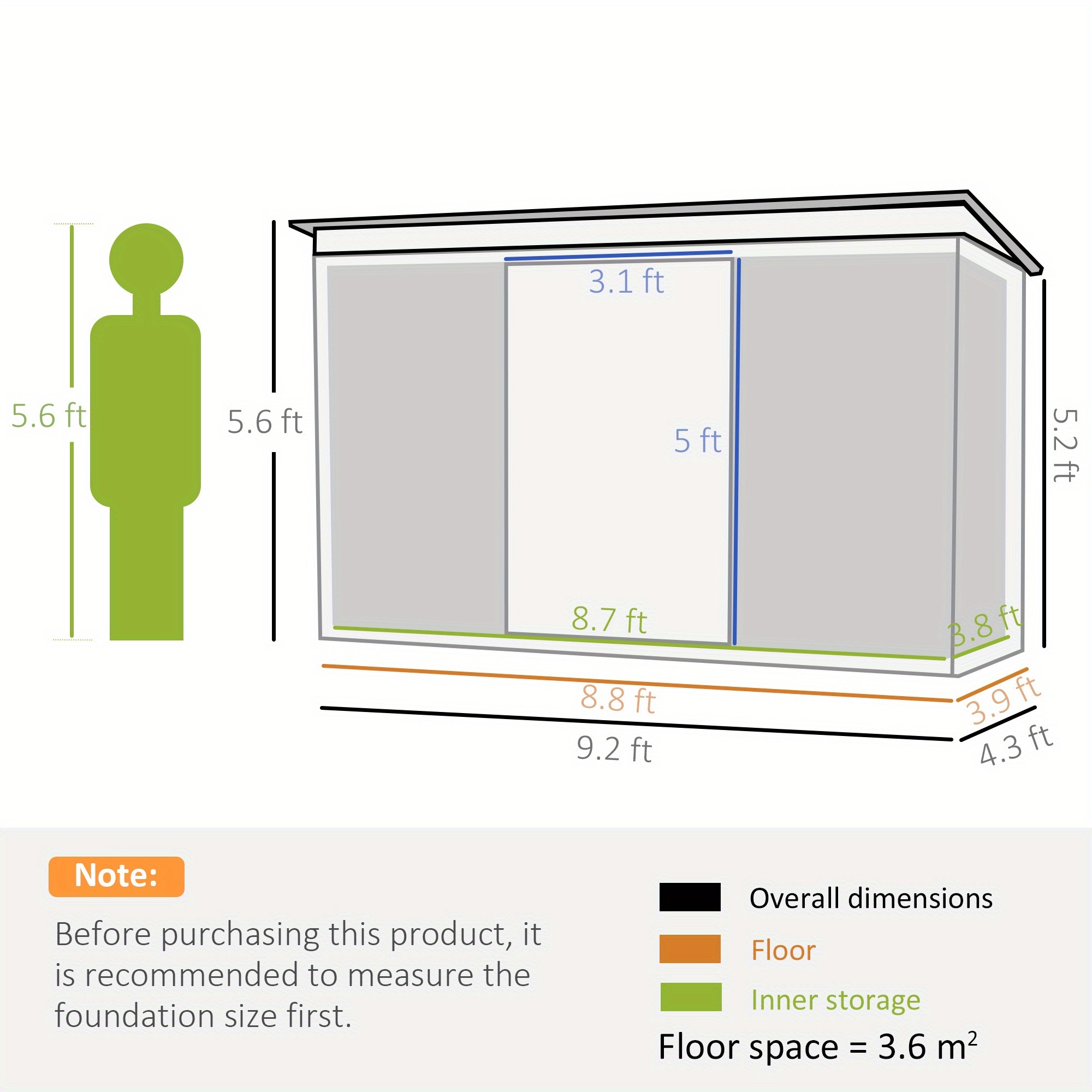 9ft x 4ft metal garden shed outdoor with foundation kit ventilations and double doors light grey details 5