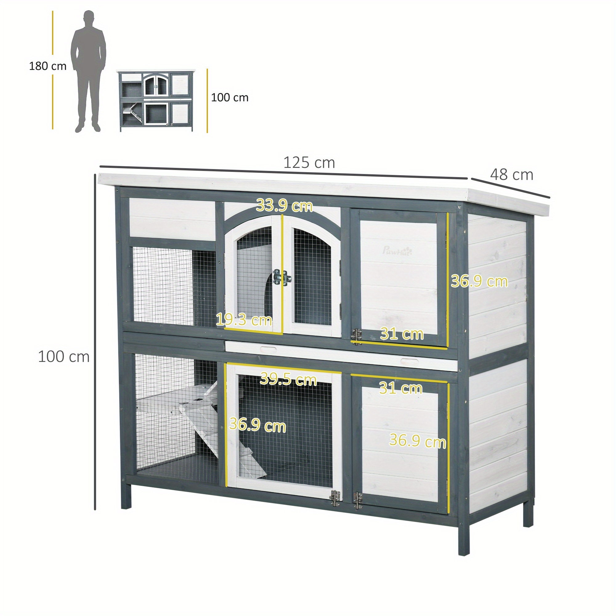2-Tier Wooden Rabbit Hutch with Ramp and Divider, Outdoor Use
