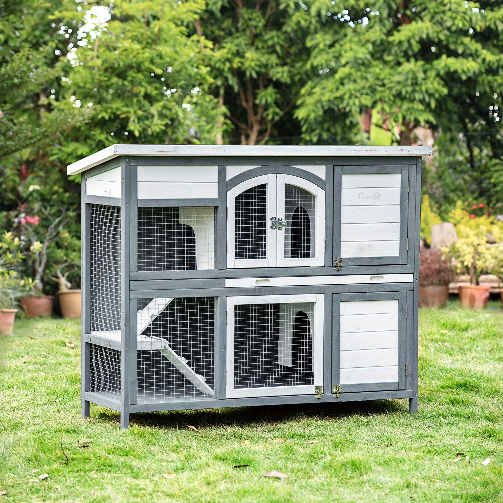 2-Tier Wooden Rabbit Hutch with Ramp and Divider, Outdoor Use
