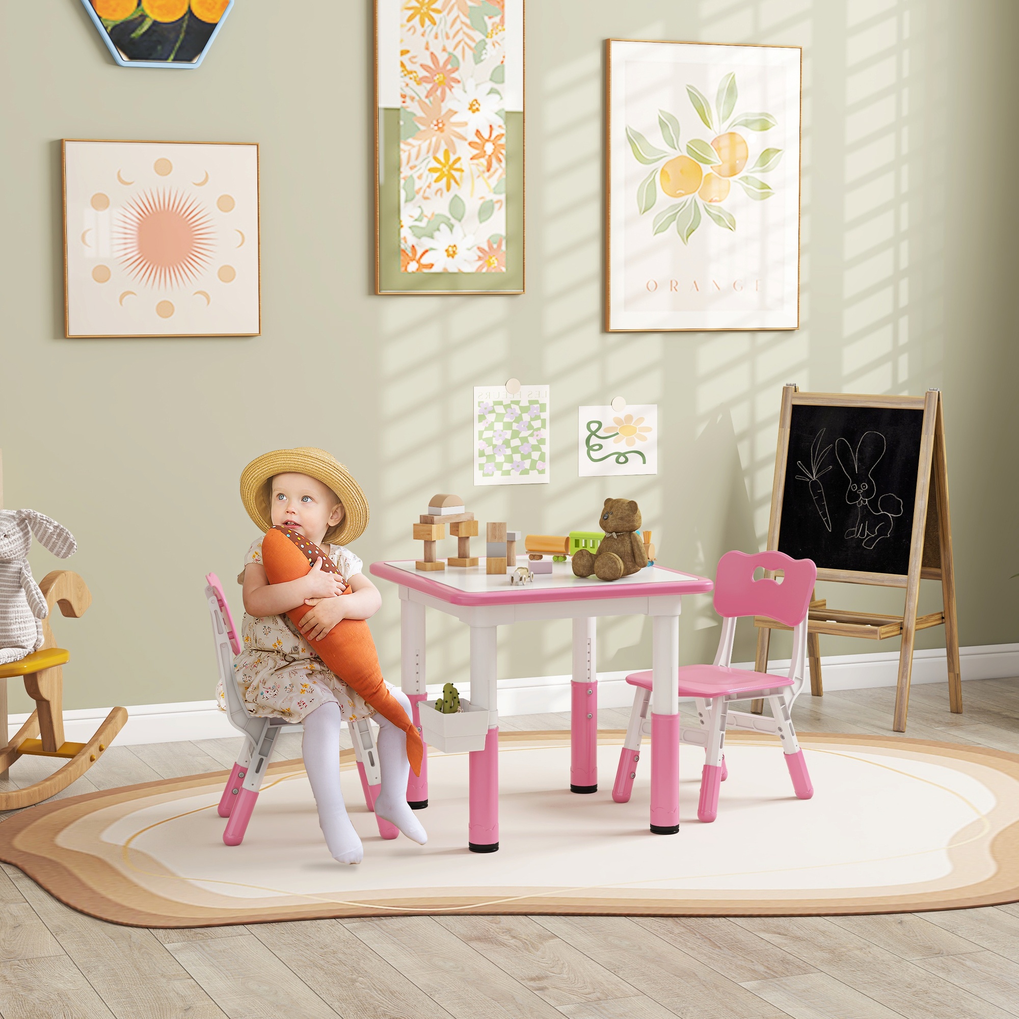 TEMU Qaba 3pcs Kids Table And Chair Set, Height Adjustable Table And Chair Set, Activity Table And Chair Set With Storage, For Playroom, Nursery,