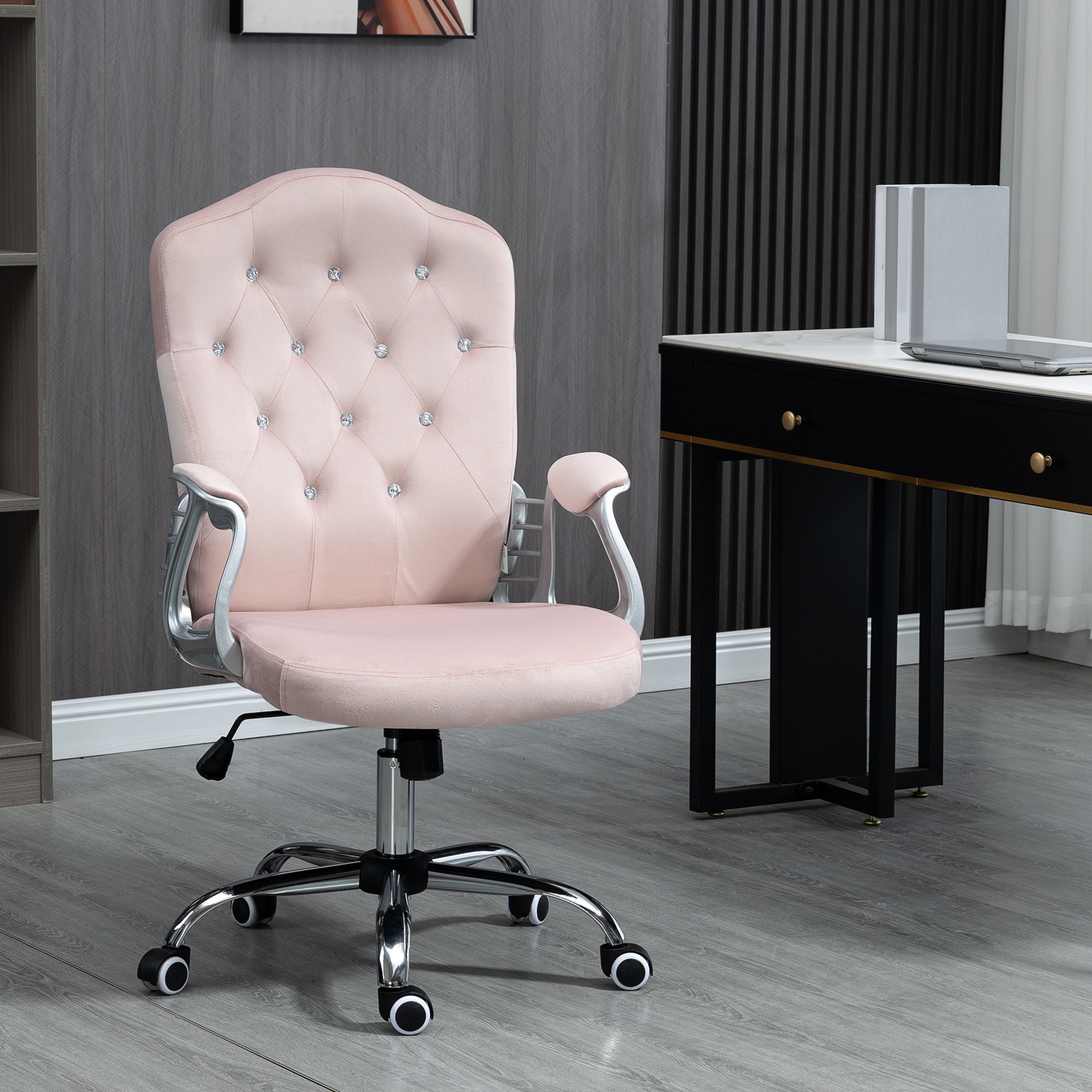 TEMU Chaise de bureau Vinsetto, chaise d'ordinateur en velours, chaise de bureau à boutons avec roulettes pivotantes, hauteur réglable, fonction