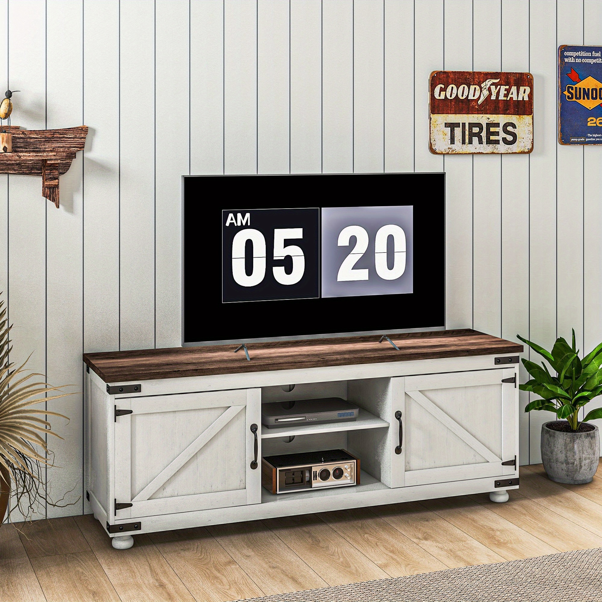 TEMU Meuble TV HOMCOM pour téléviseurs jusqu'à 65 pouces, centre de de ferme moderne avec 2 trous de câble, console TV avec 2 étagères réglables pour