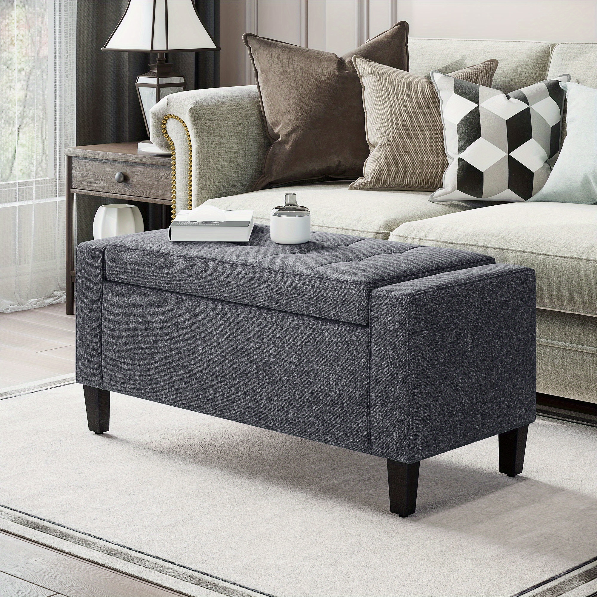   tufted storage ottoman bench with hinged lid hidden compartment dark grey linen fabric footrest   chest sturdy for furniture space saving