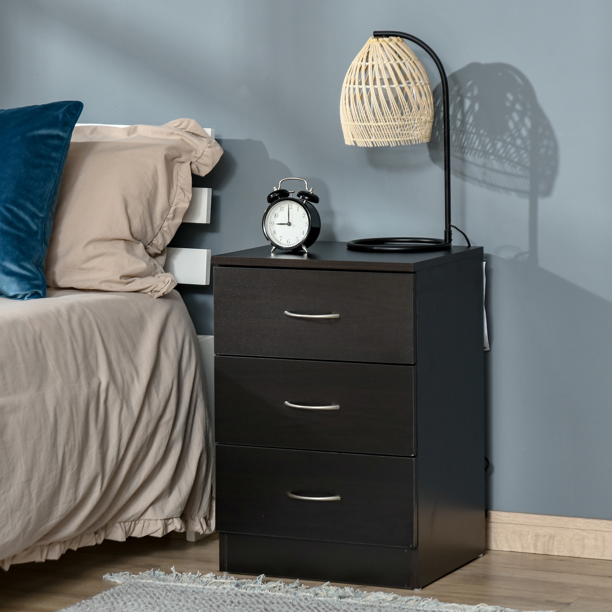 TEMU Table de chevet HOMCOM avec 3 tiroirs, table de nuit moderne en bois, table d'appoint avec anti-basculement pour à coucher, brun foncé