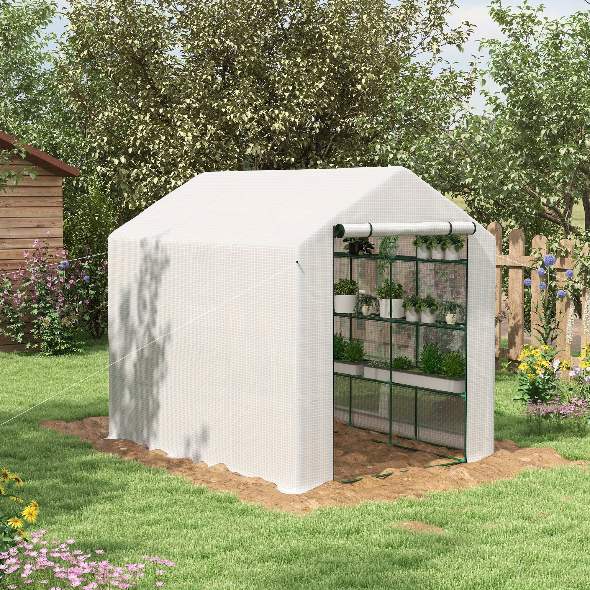 

Outsunny 8' X 6' X 7' Walk-in Greenhouse, Pe Cover, 4-tier Shelves, , Roll-up Zipper Door For Flowers, Vegetables, , Tropical Plants, White