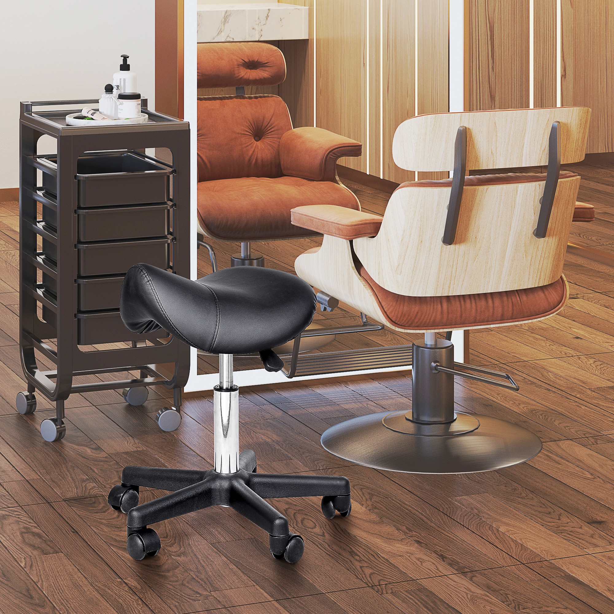 TEMU Tabouret de selle HOMCOM, tabouret roulant en cuir PU avec roulettes, chaise de salon réglable pour cuisine, , bar, bureau à domicile, massage,