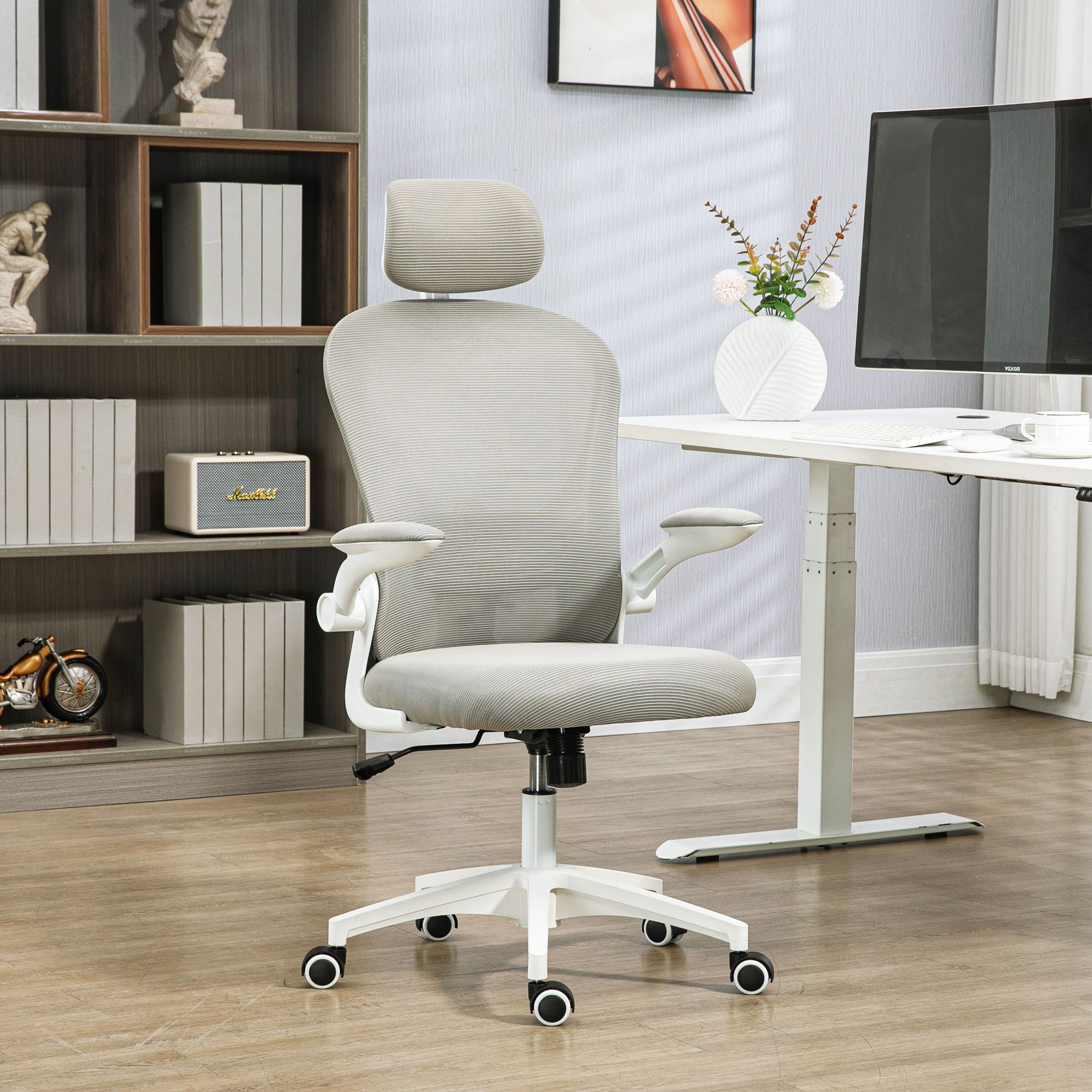 TEMU Chaise de bureau Vinsetto à dossier haut, chaise d'ordinateur en maille avec appuie-tête rotatif, support lombaire 4D, accoudoir rabattable,