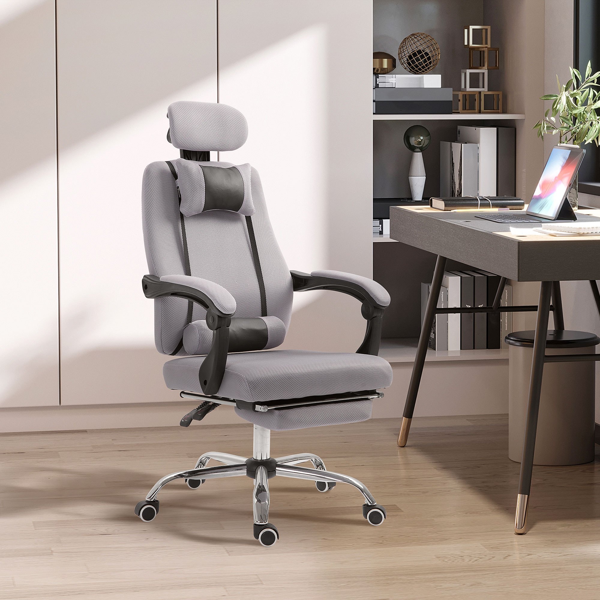 TEMU Chaise de bureau ergonomique Vinsetto, chaise de direction en maille, siège de jeu avec support lombaire, repose-pieds et appuie-tête, gris