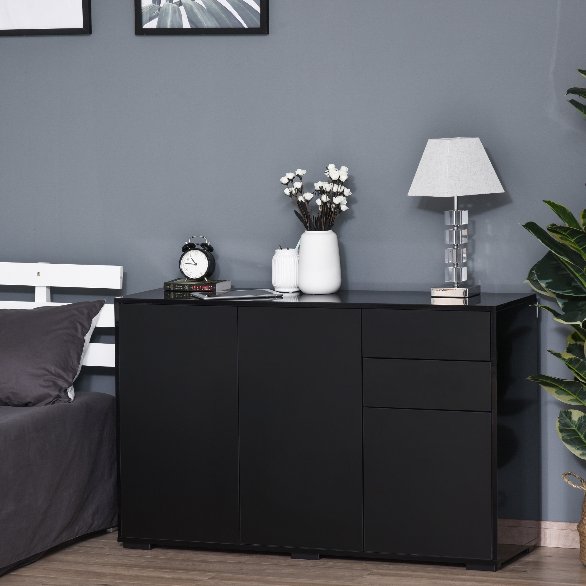 TEMU HOMCOM Buffet Haut de Gamme avec 2 Tiroirs, 3 Portes et Étagère Réglable, Noir, de Rangement de Cuisine avec Design Push Open