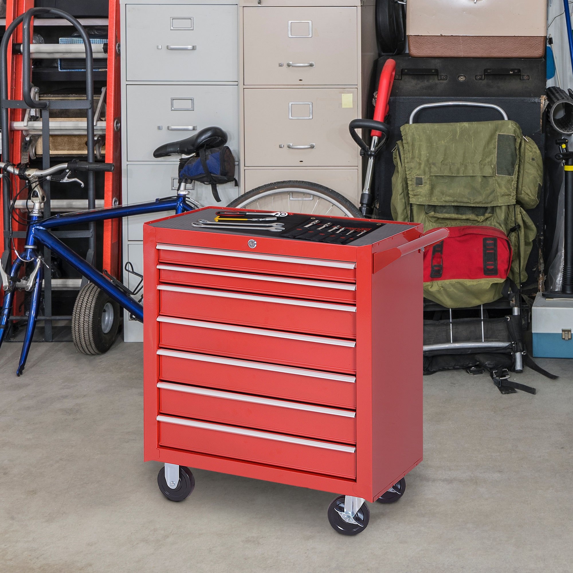 TEMU Coffre à outils à roulettes HOMCOM à 7 tiroirs, boîte à outils mobile verrouillable, organisateur de rangement avec poignée pour Mécanique