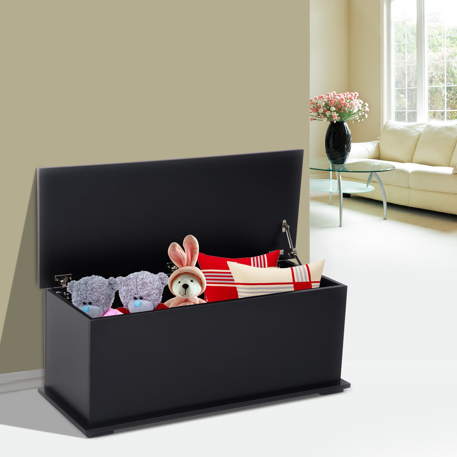 TEMU HOMCOM Coffre de rangement relevable de 39,5 po avec 2 charnières de sécurité, boîte de rangement avec couvercle rabattable, banc de rangement