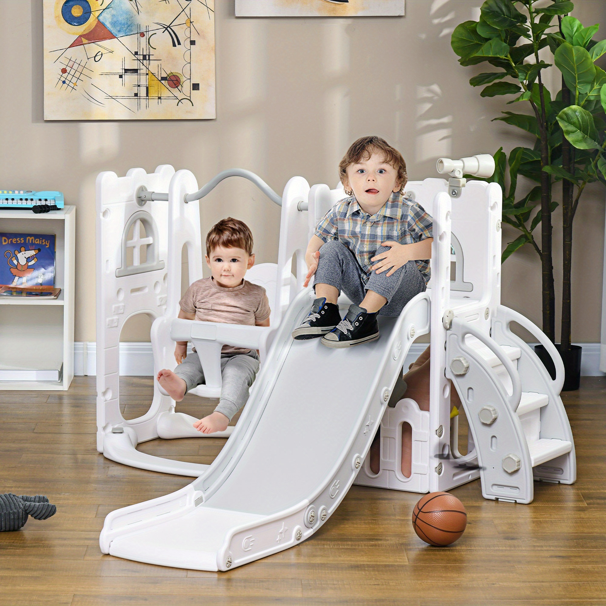TEMU Qaba Toboggan et balançoire 6-en-1 avec panier de basket, structure d'escalade, balançoire pour bébé, aire de jeux d'intérieur avec espace de