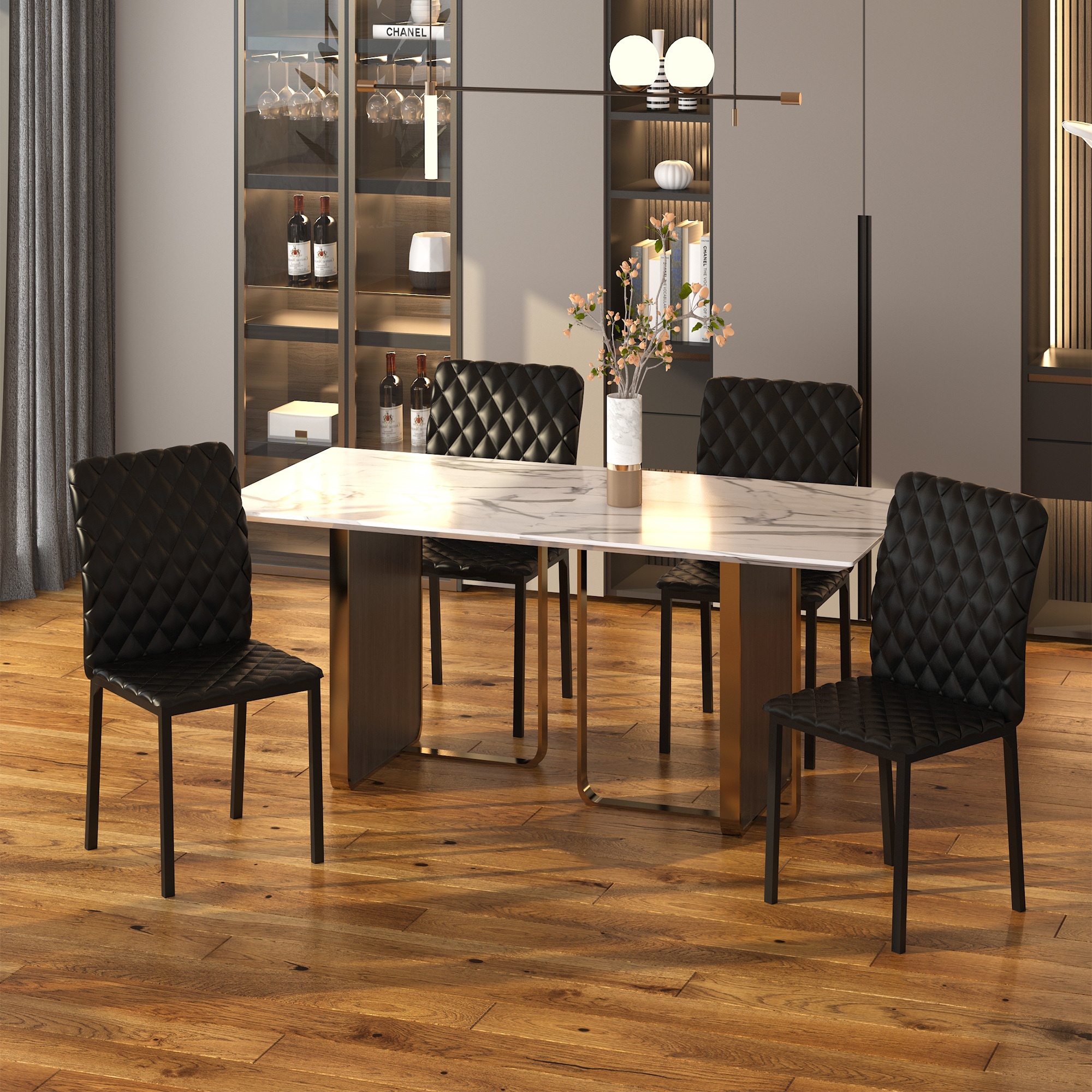 TEMU Homcom Modern Dining Chairs Set Of 4, Upholstered Leather Kitchen Chairs With Tufting And Metal Legs For Living Room, Black