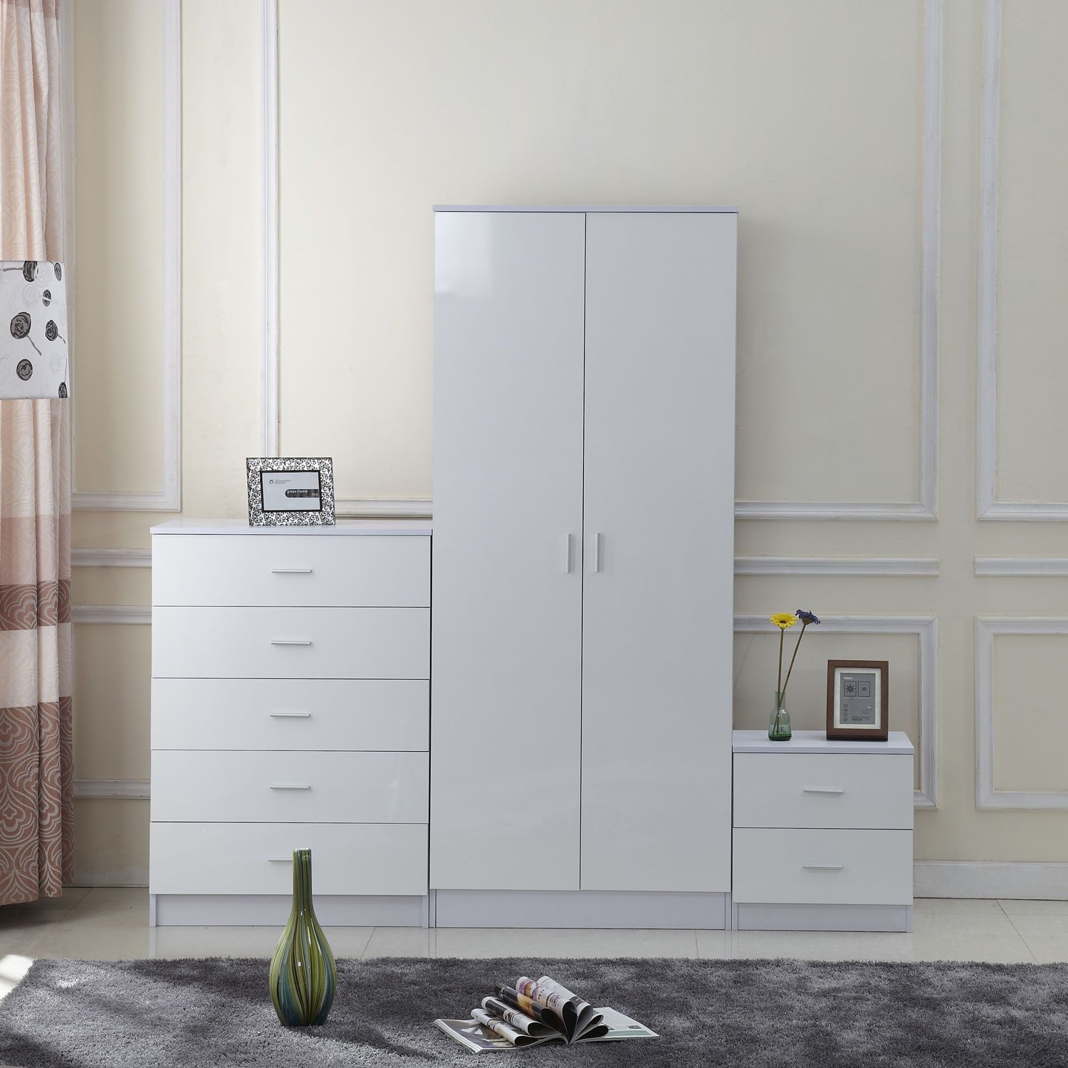 TEMU High Gloss 3 Piece Trio Bedroom Furniture Set Wardrobe + Chest Of Drawer + Bedside White