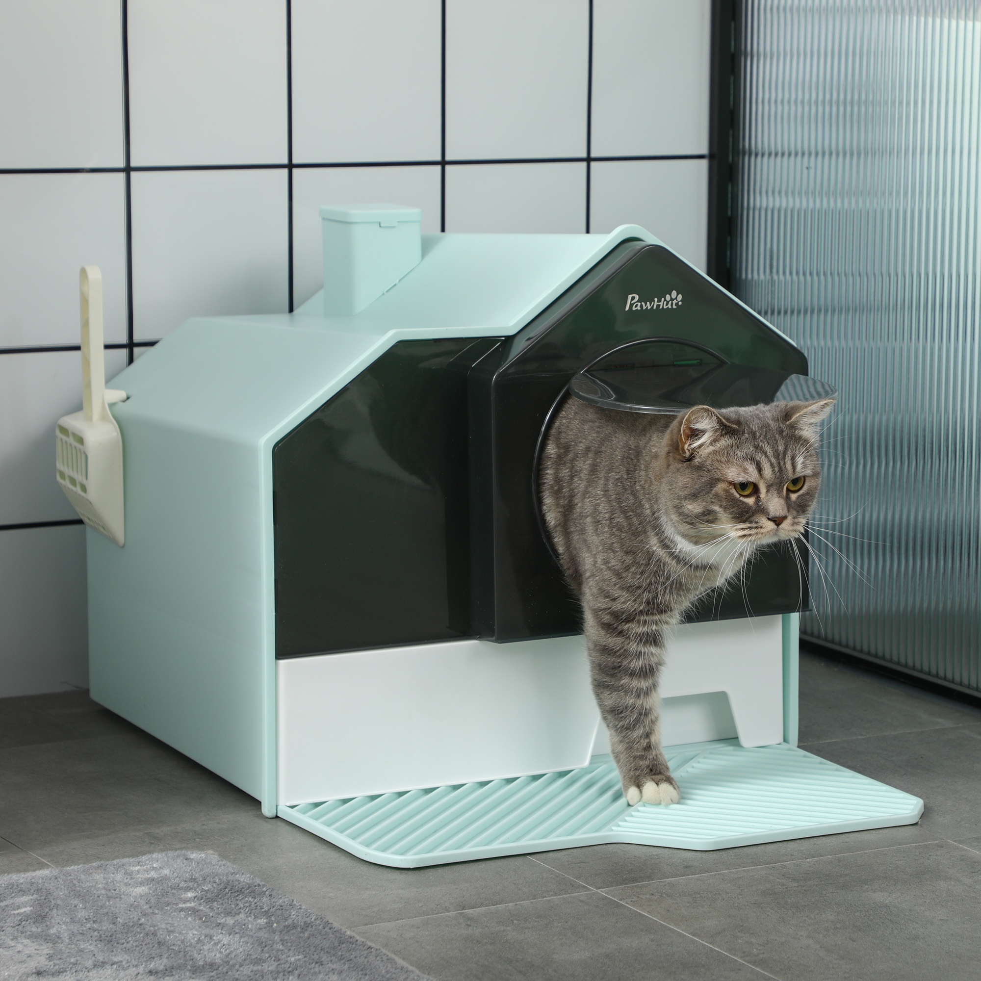 Hooded Cat Litter Tray With Scoop, Cat Litter Box With Drawer Pan, Handle, Deodorants, Hut Design, Front Entrance, 47 X 45 X 42cm - Light Blue