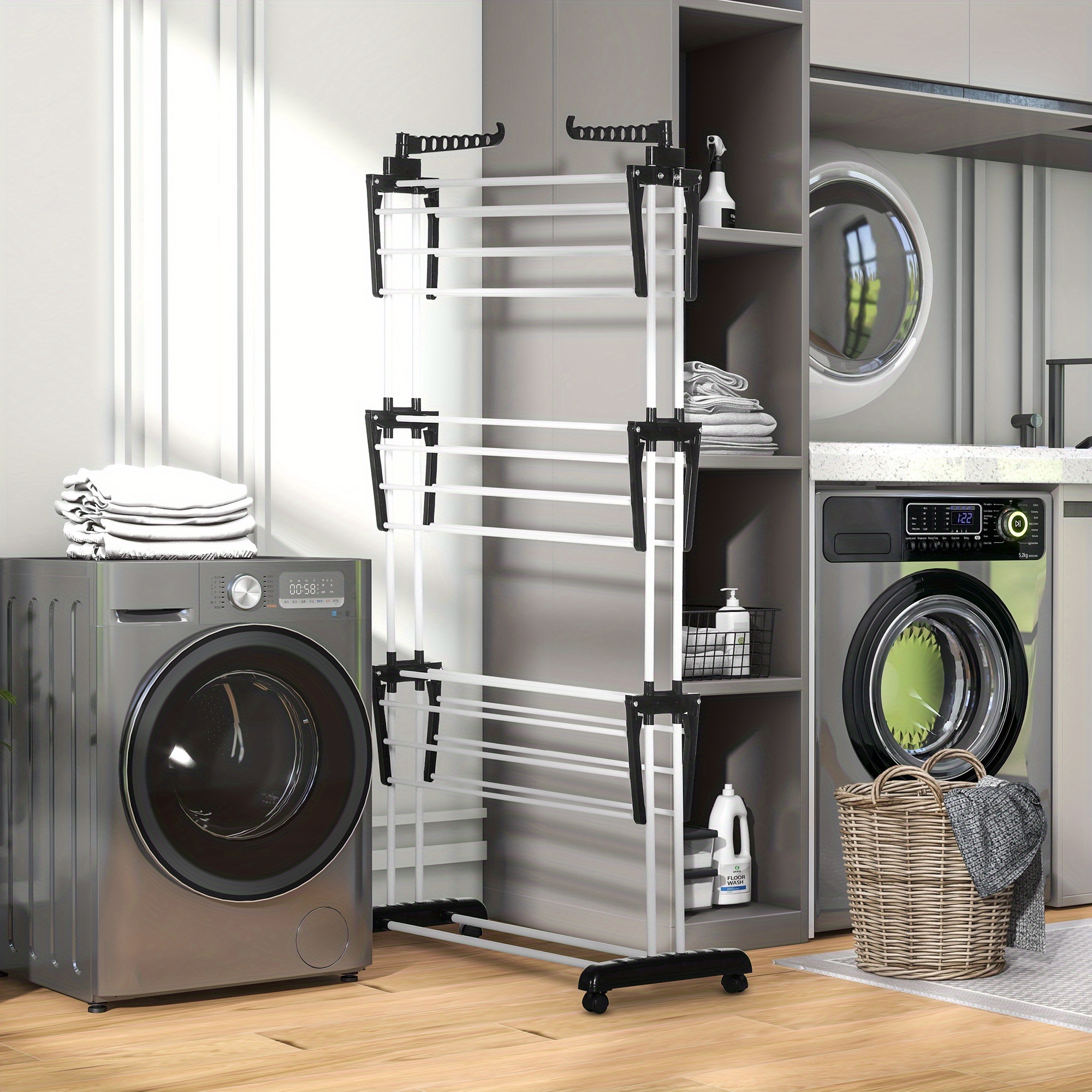TEMU Séchoir à linge pliable HOMCOM, étagères métalliques à 4 niveaux pour sécher les vêtements à libre avec 2 extensions latérales et 4 roulettes,