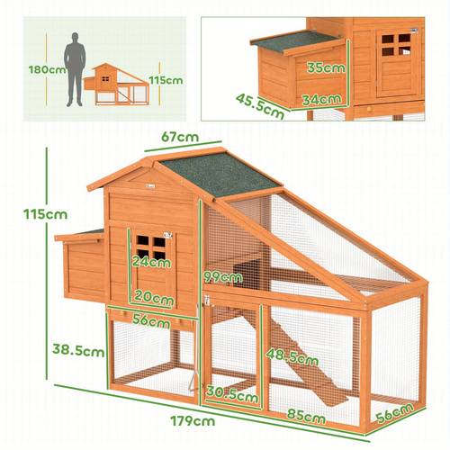 chicken coop with run outdoor wooden poultry coop with nesting box slide out tray ramp perches asphalt roof 179 x 67 x 115cm