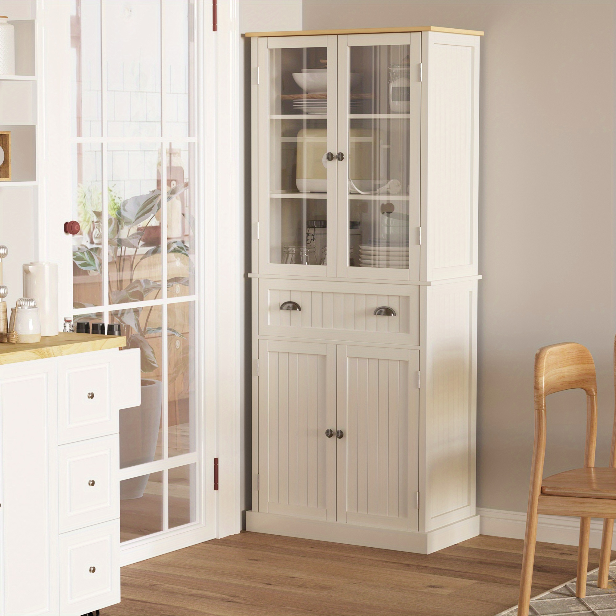 TEMU Freestanding Kitchen Cupboard, 5-tier Storage Cabinet With Adjustable Shelves And Drawer For Living Room, Dining Room, Cream White