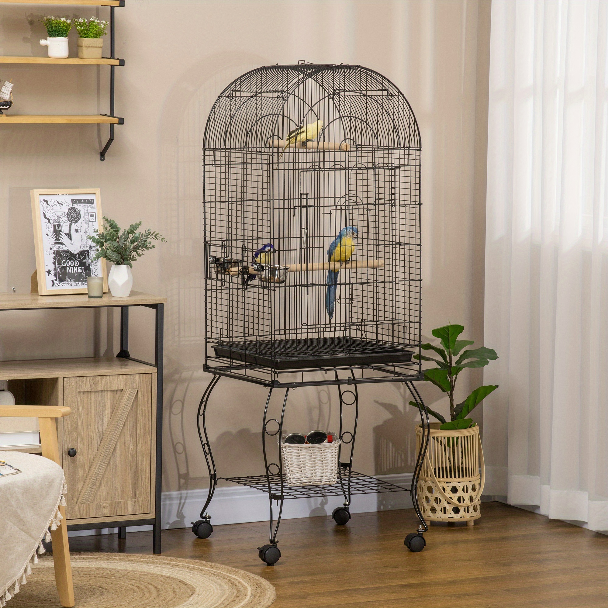 TEMU Pawhut 60" Bird Cage With Openable Top, Large Parrot Cage With Rolling Stand, Wheels, Removable Tray, Bowls, Storage Shelf For Cockatie, Sun