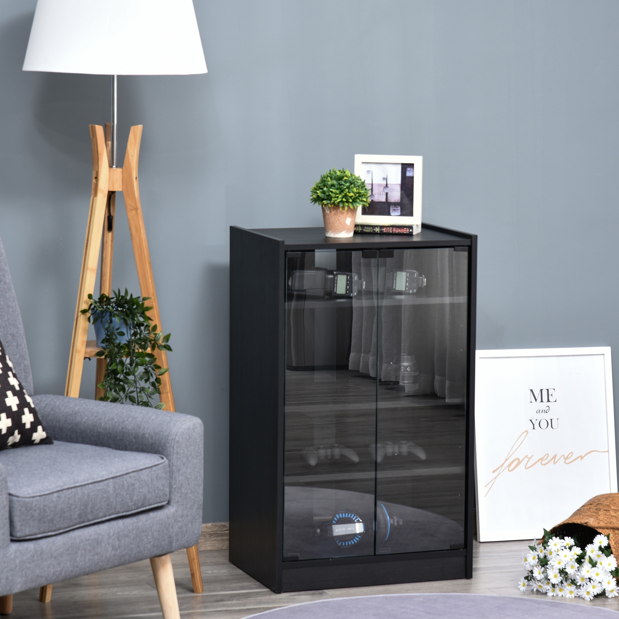TEMU Homcom 5-tier Media Stand, Dvd Storage Cabinet With 3-level Adjustable Shelves, Tempered Glass Doors, And Cable Management, Distressed Black