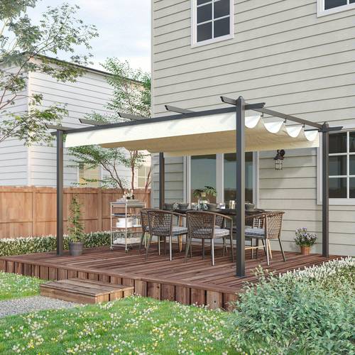 4 x 3 m aluminium outdoor pergola with retractable roof outdoor gazebo canopy shelter with grommet holes for garden patio lawn cream white