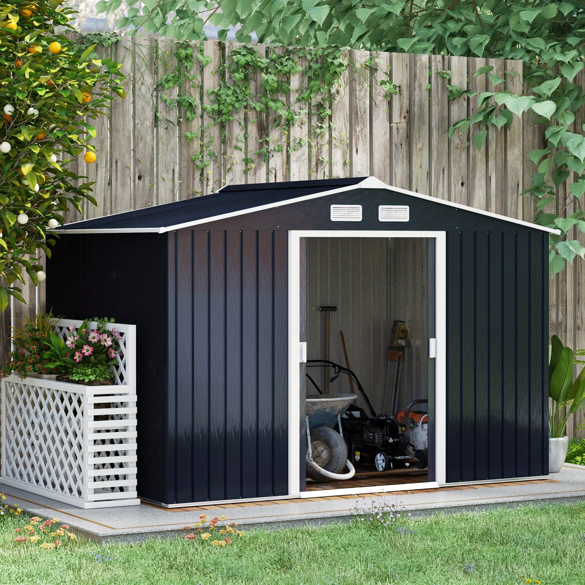 TEMU Outsunny 9' X 6' Remise de Rangement de Jardin avec Kit de , Maison de Rangement d'Outils en Métal avec Double Portes pour Patio Extérieur, Gris