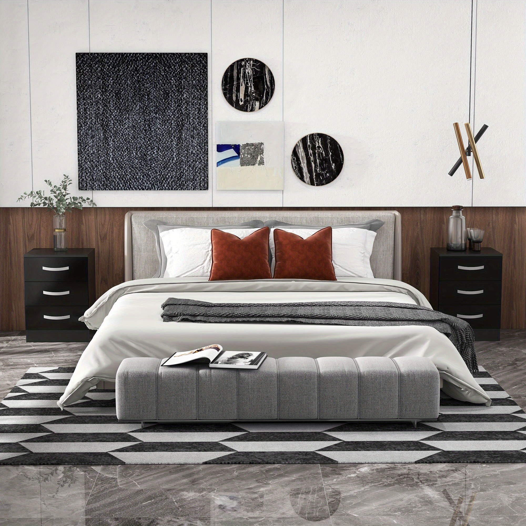 TEMU Table de chevet moderne HOMCOM, lot de 2, tables de chevet avec 3 tiroirs haute brillance pour chambre à coucher, noir