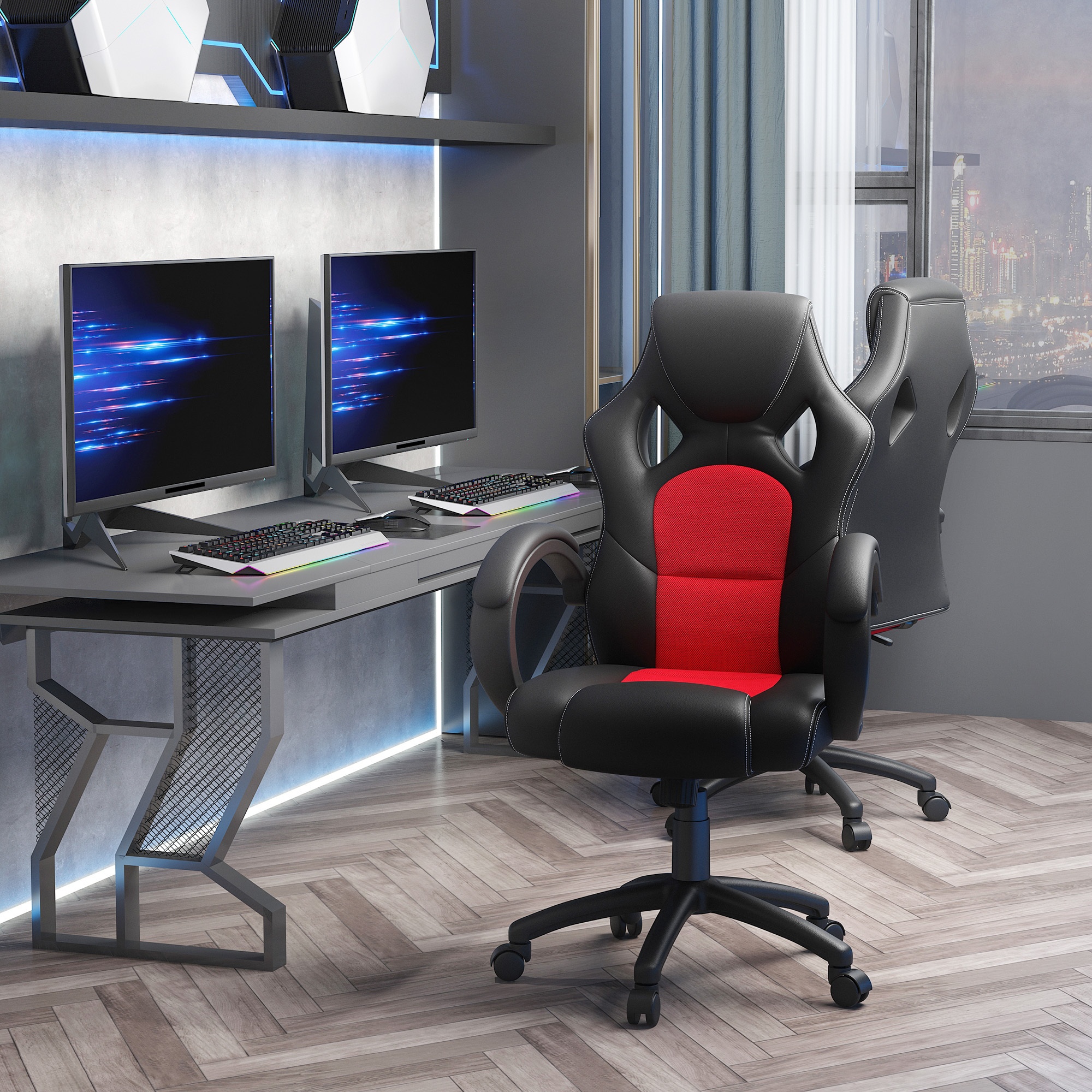 TEMU Chaise de jeu de course HOMCOM Chaise de bureau à dossier haut Chaise d'ordinateur pour joueur avec roulettes pivotantes, appuie-tête rembourré,