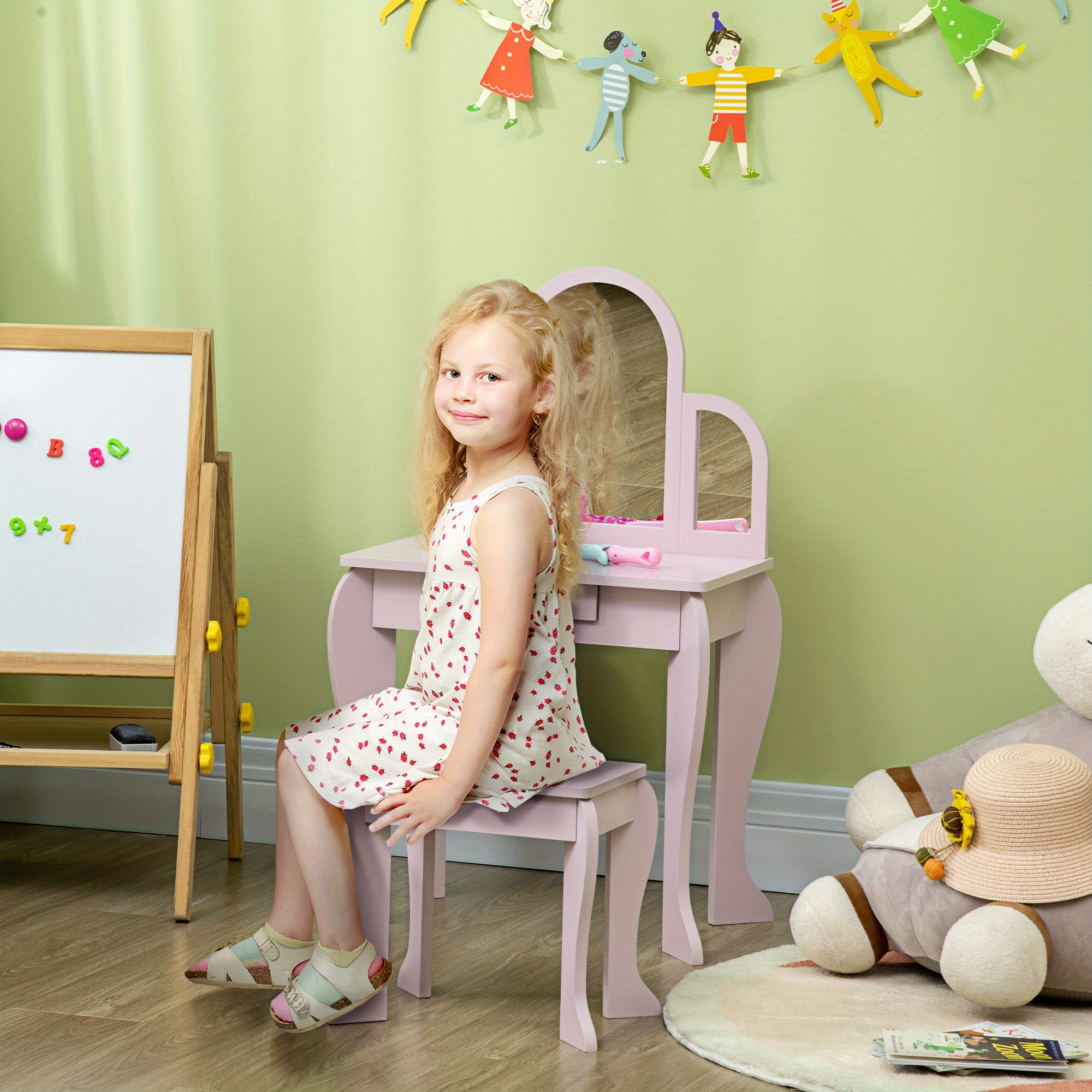 TEMU Table de Maquillage et Chaise Qaba pour Enfants, Ensemble de Coiffeuse pour Filles, Bureau de Maquillage avec Tiroir pour Enfants de 3 à 6 Ans,