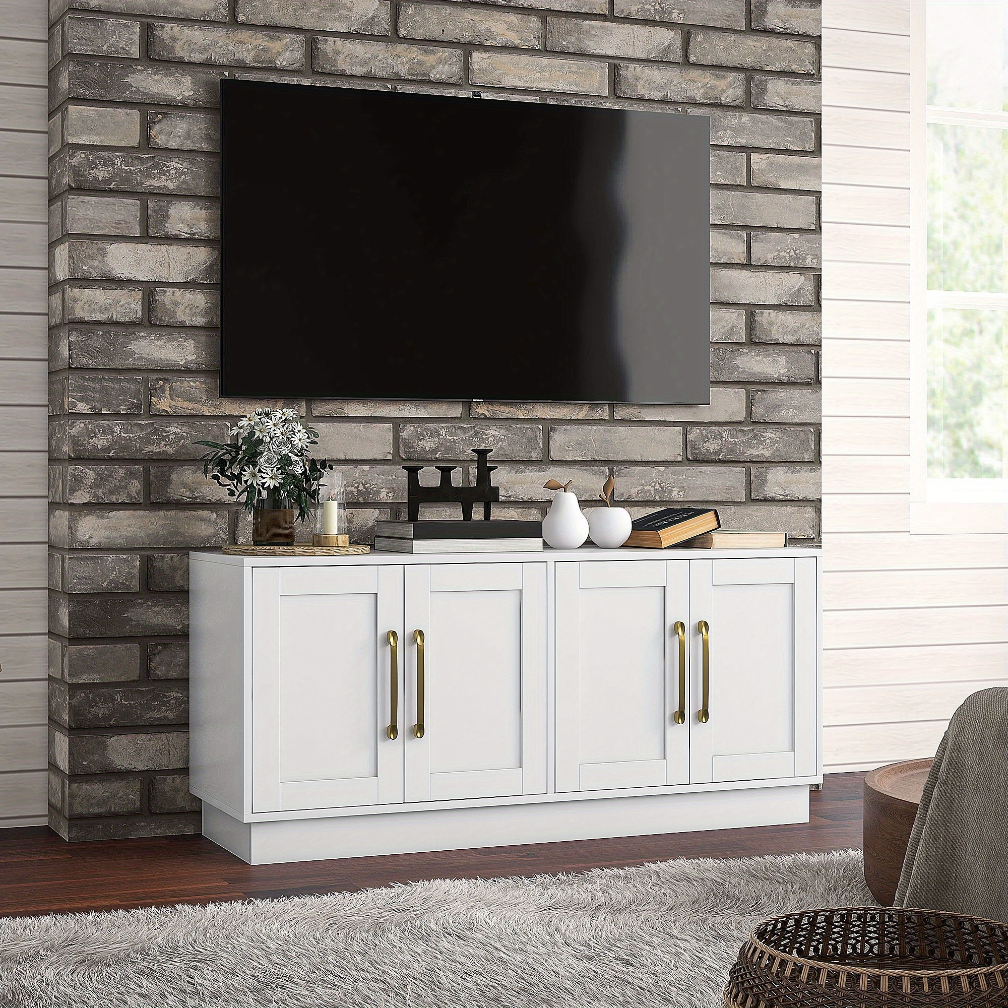 TEMU Support TV HOMCOM pour téléviseur jusqu'à 55 pouces, meuble TV moderne avec 4 portes à charnières souples, console TV avec 4 trous de câble et 2