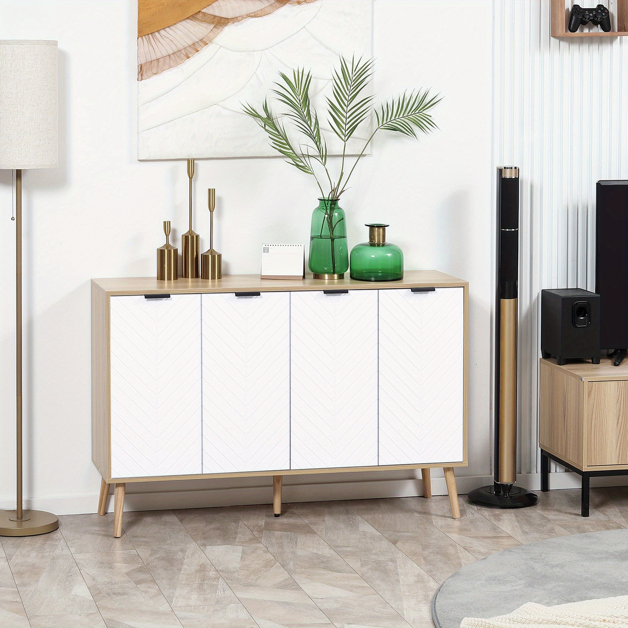 TEMU 1pc HOMCOM Buffet de cuisine, Meuble de rangement moderne, Armoire d'appoint avec étagères réglables, Naturel