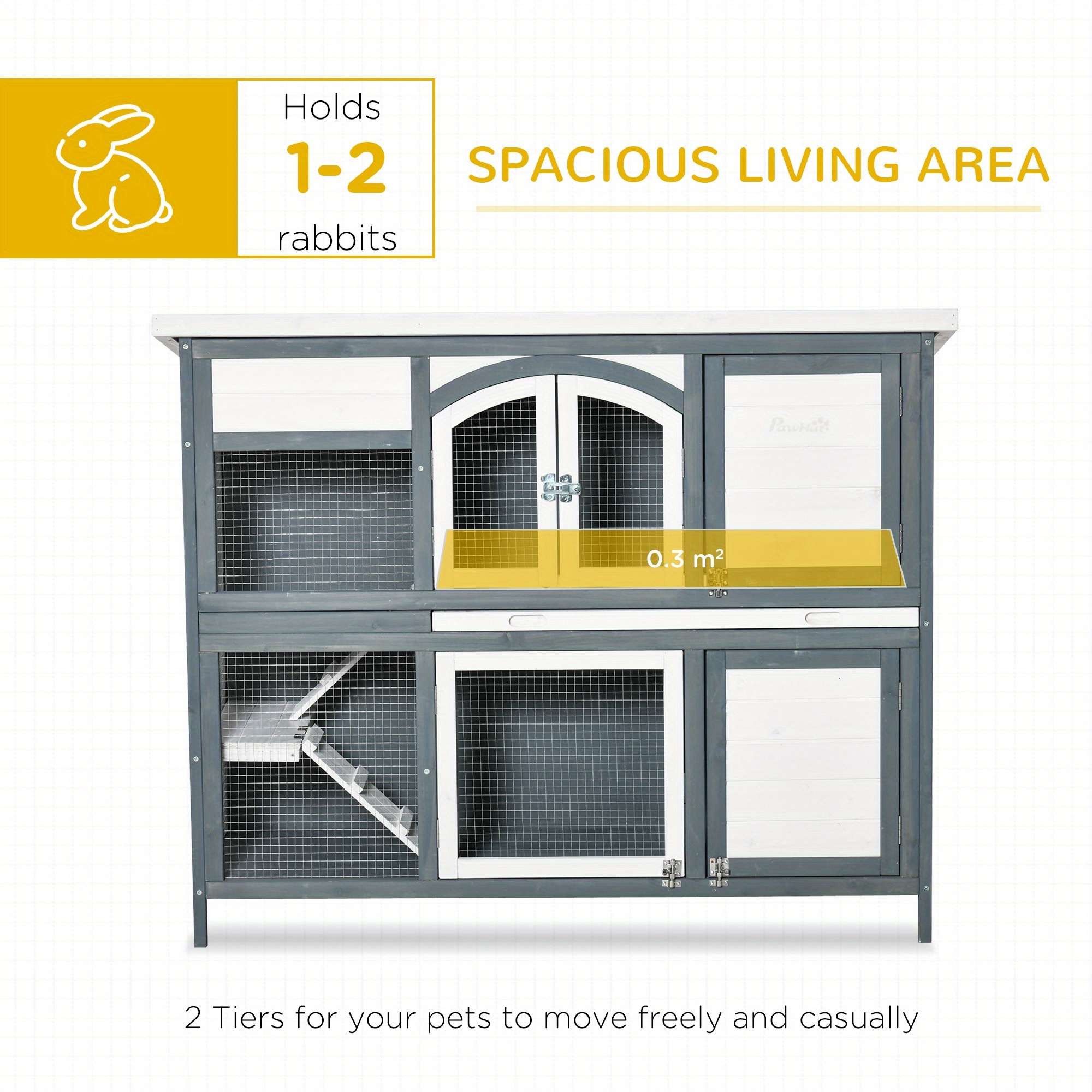 2-Tier Wooden Rabbit Hutch with Ramp and Divider, Outdoor Use