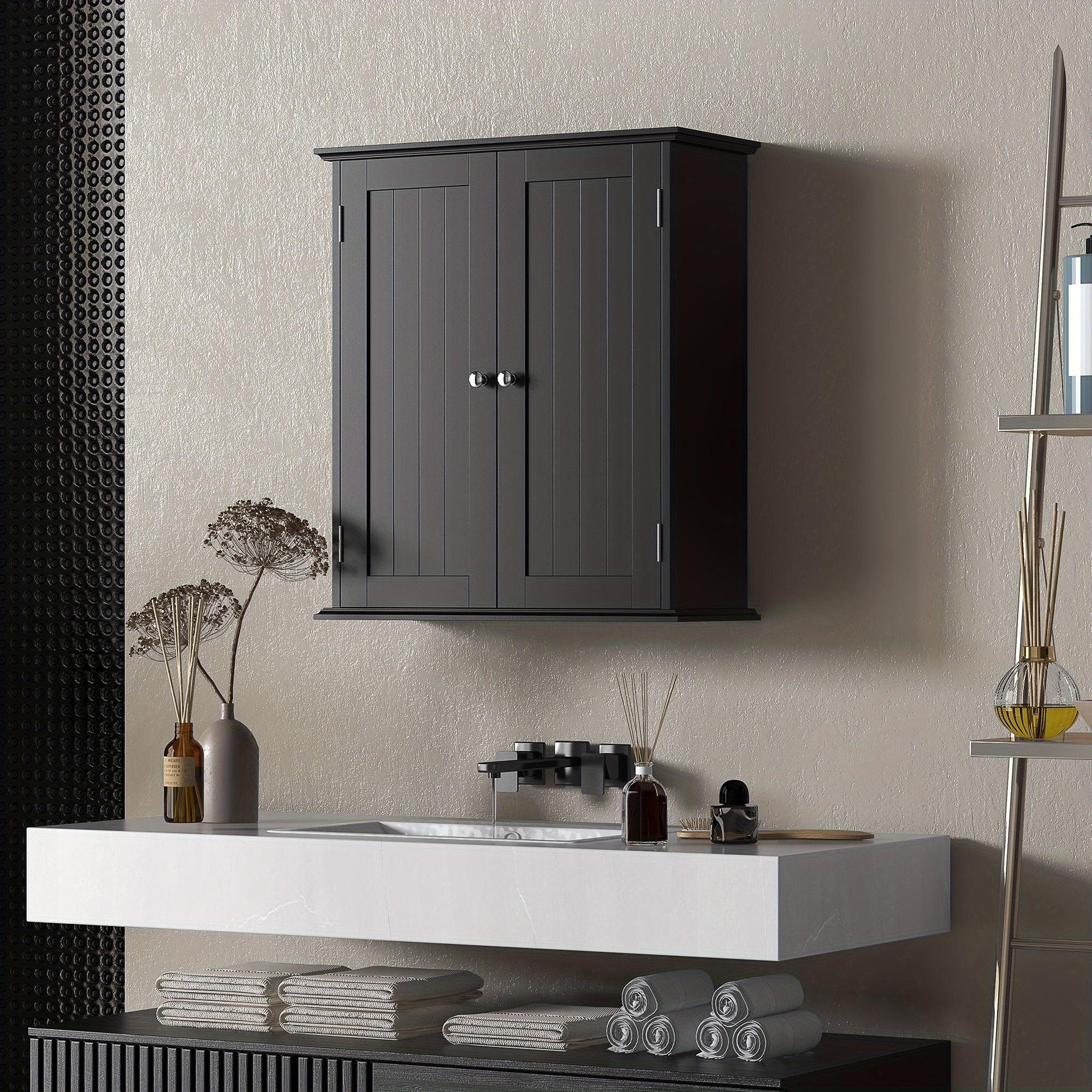TEMU Murale de Salle de Bain HOMCOM Noire à 3 Niveaux avec Étagère Réglable & 2 Portes, Rangement Économiseur d'Espace au-dessus de la Toilette,