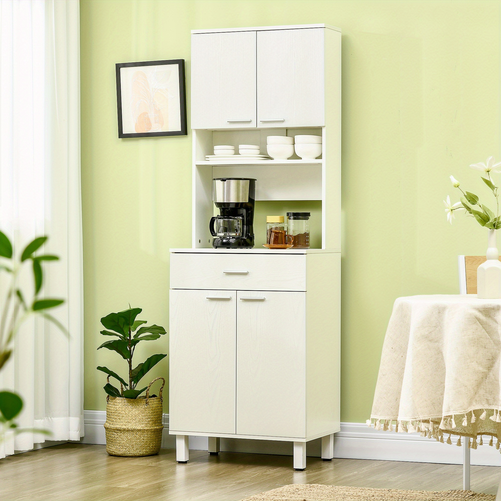 TEMU HOMCOM Garde-manger de cuisine autoportant de 71 po de hauteur, buffet avec huche, support pour micro-ondes avec armoire de rangement, blanc