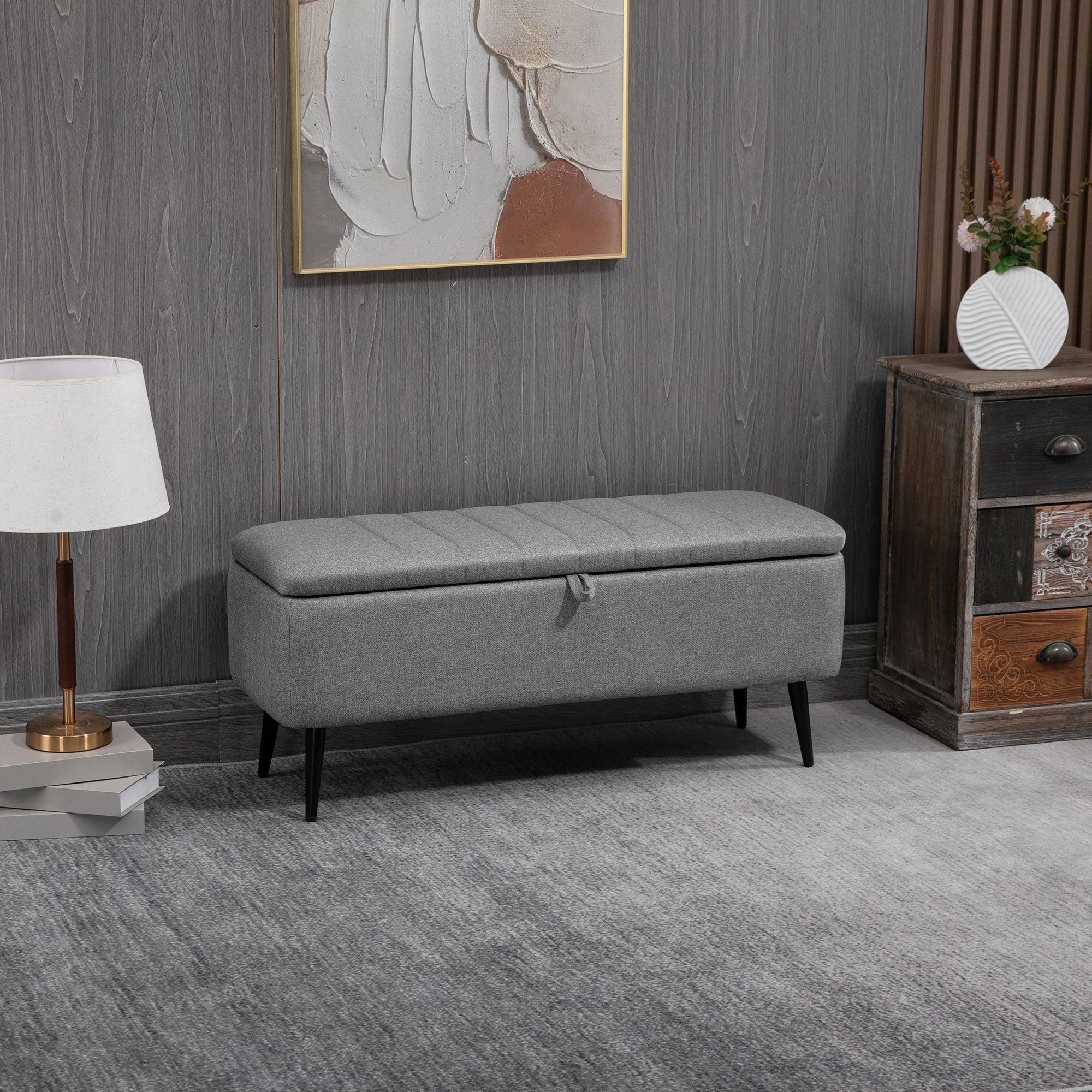 TEMU HOMCOM Coffre de rangement ottoman avec dessus rabattable, banc rectangulaire rembourré, repose-pieds en tissu de lin avec pieds en acier pour