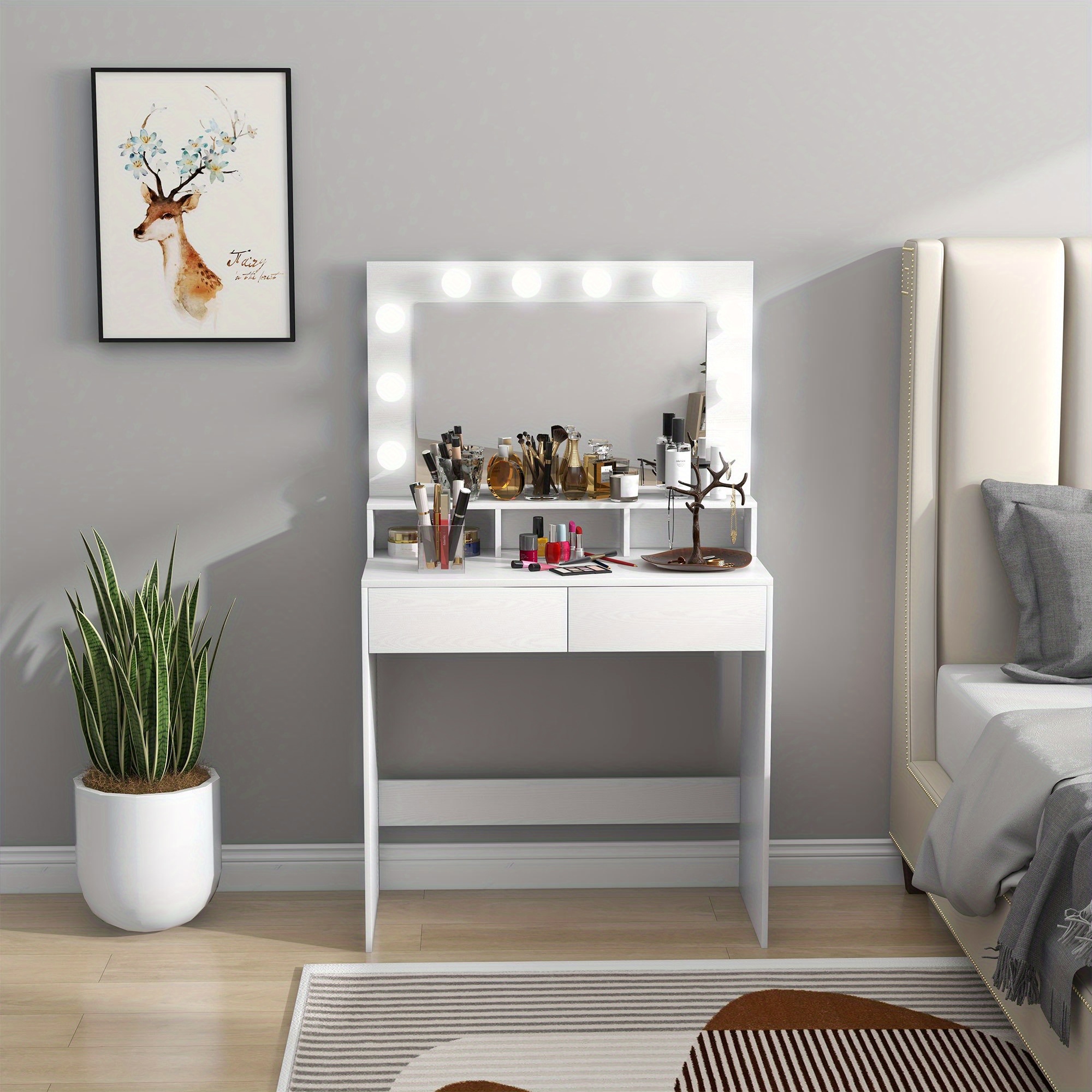 TEMU Coiffeuse HOMCOM , table de maquillage tiroirs, 3 modes d'éclairage, 10 ampoules, coiffeuse pour chambre à coucher, blanc