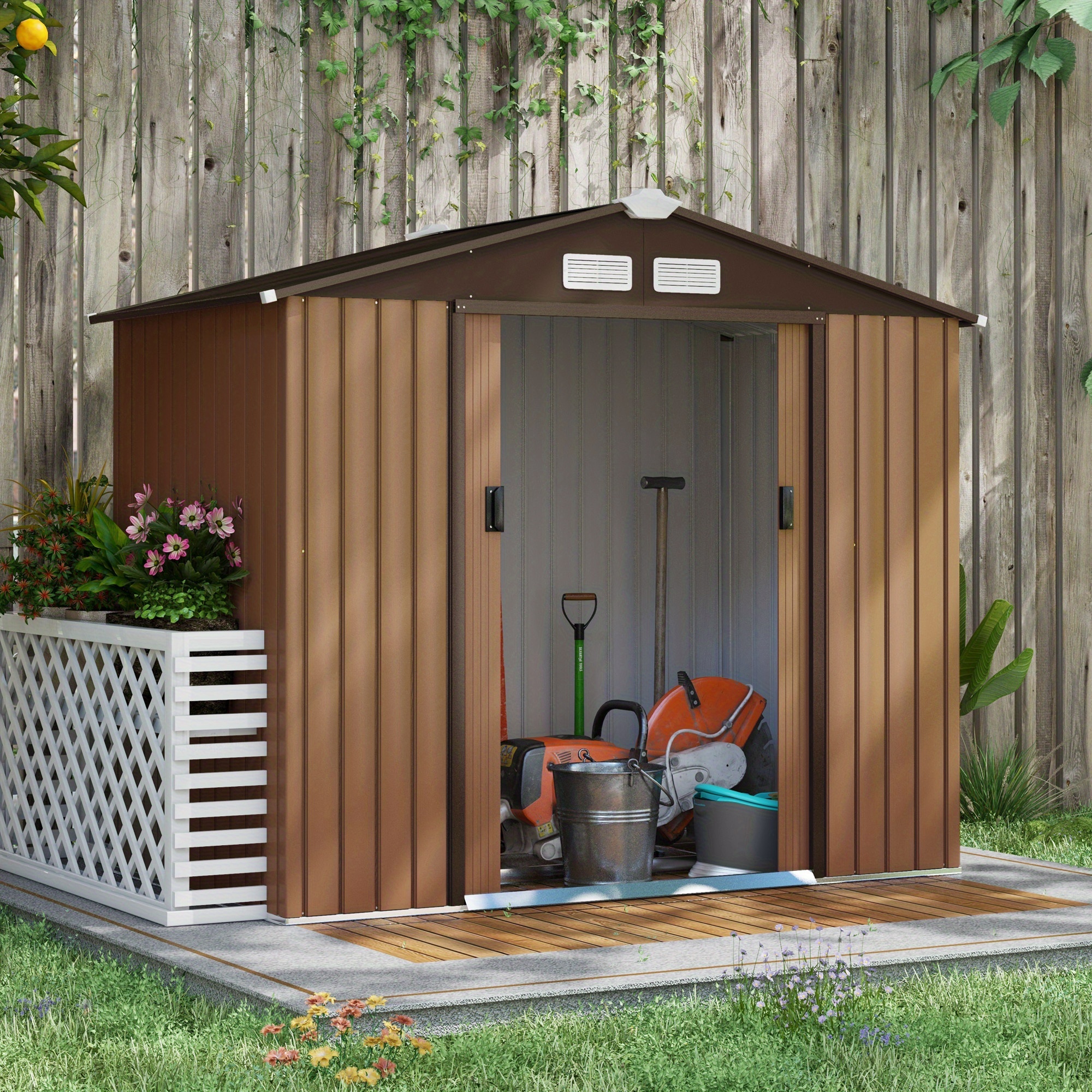TEMU Outsunny 7' X 4' X 6' Remise de Rangement de Jardin Extérieure Patio Cour Maison de Rangement d'Outils en Métal W/ Kit de en Acier et Double