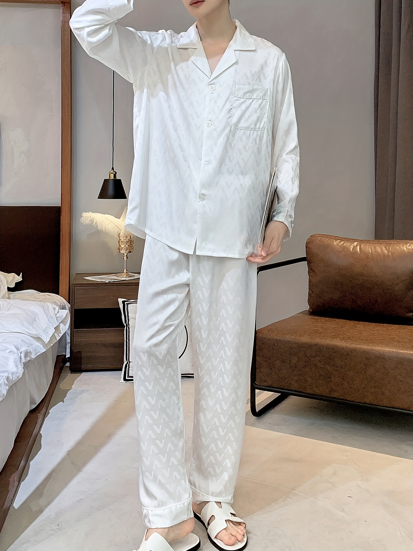 V Neck Nightwear Sleep Set Pajamas Ice Silk Printing Long Sleeve Homewear  Sleepwear Shirt Pant Outside 2Pcs Loose Homewear