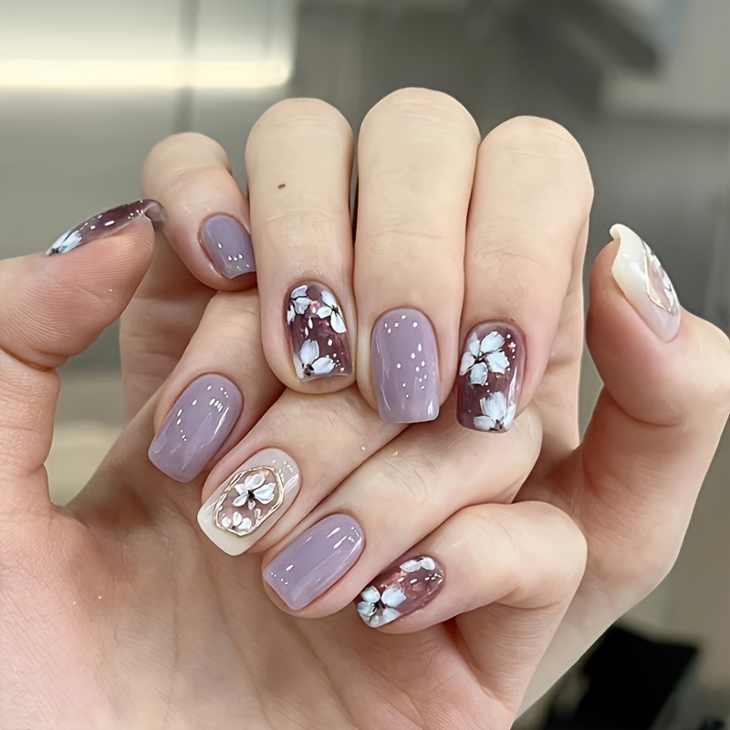 Romantic Purple Gradient Press Nails Nails Flower - Temu