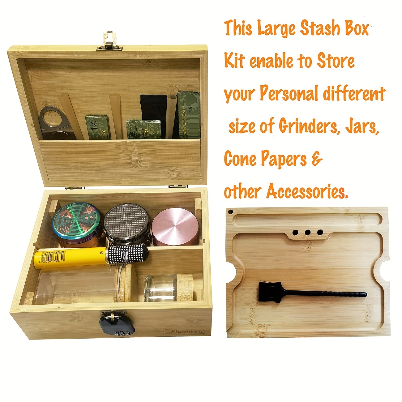 Large Bamboo Wooden Stash Box with Rolling Tray Weed Tray Kit