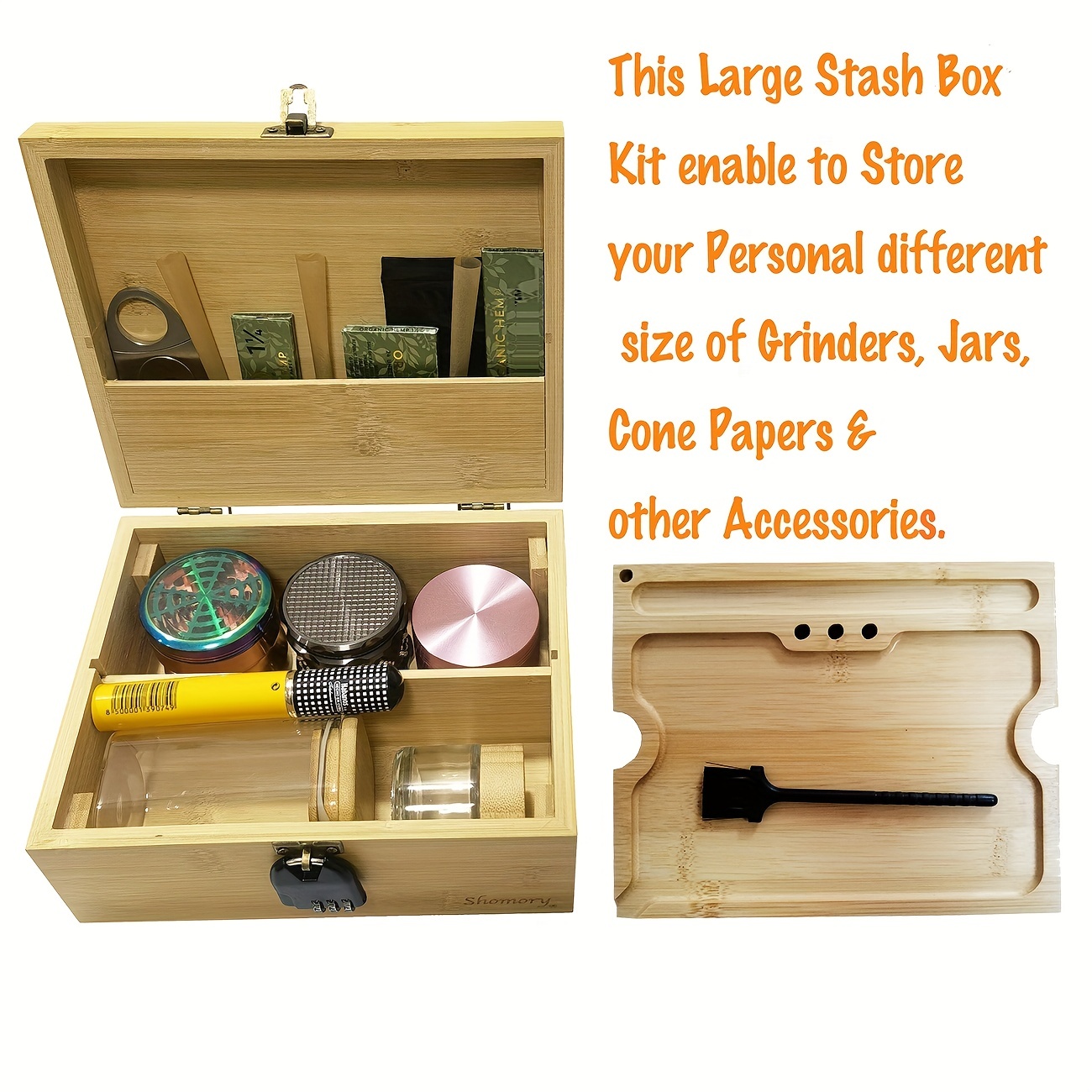 Wooden Storage Box With Tray Bamboo For Smoking Paper