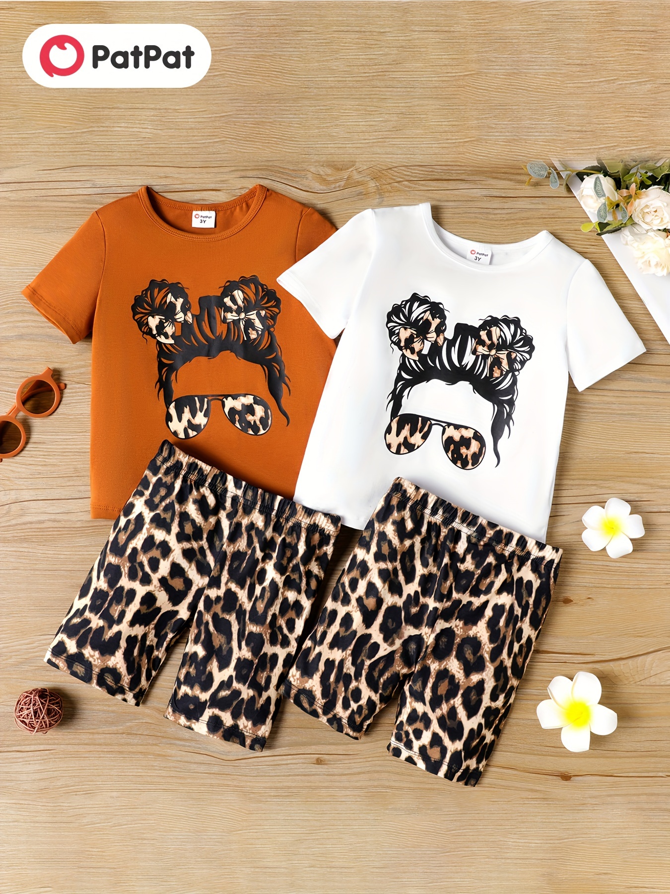 2pcs Toddler Girl Cartoon Figure Print Short-sleeve White Tee and Leopard Print Shorts Set